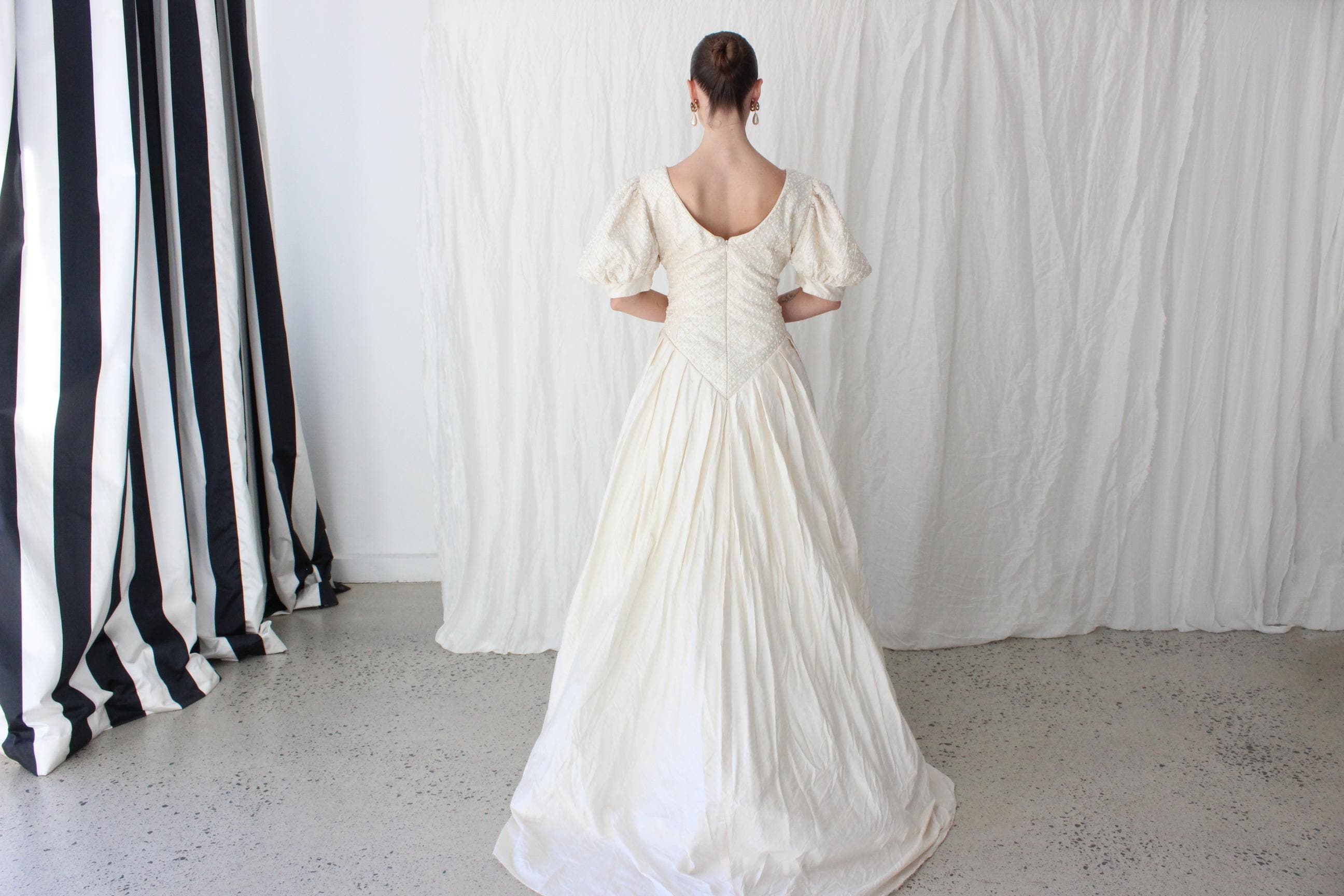 Glorious 80s Silk Dupion Puff Sleeve, Basque Waist Gown w/ Beaded Bodice