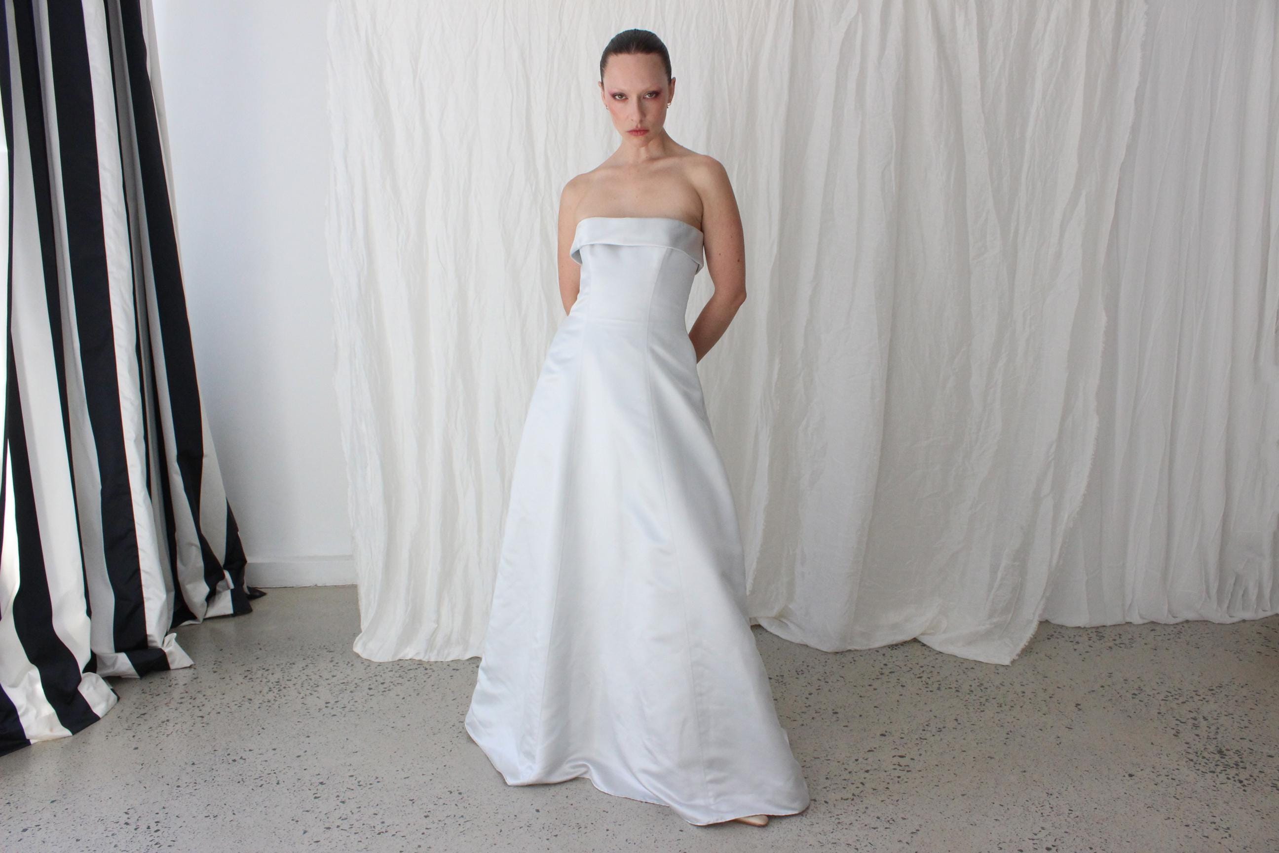 90s Ice Blue Duchess Satin Strapless Gown by Matthew Eager
