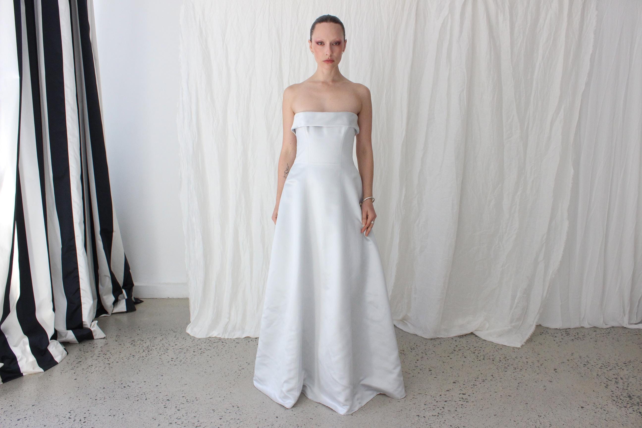 90s Ice Blue Duchess Satin Strapless Gown by Matthew Eager