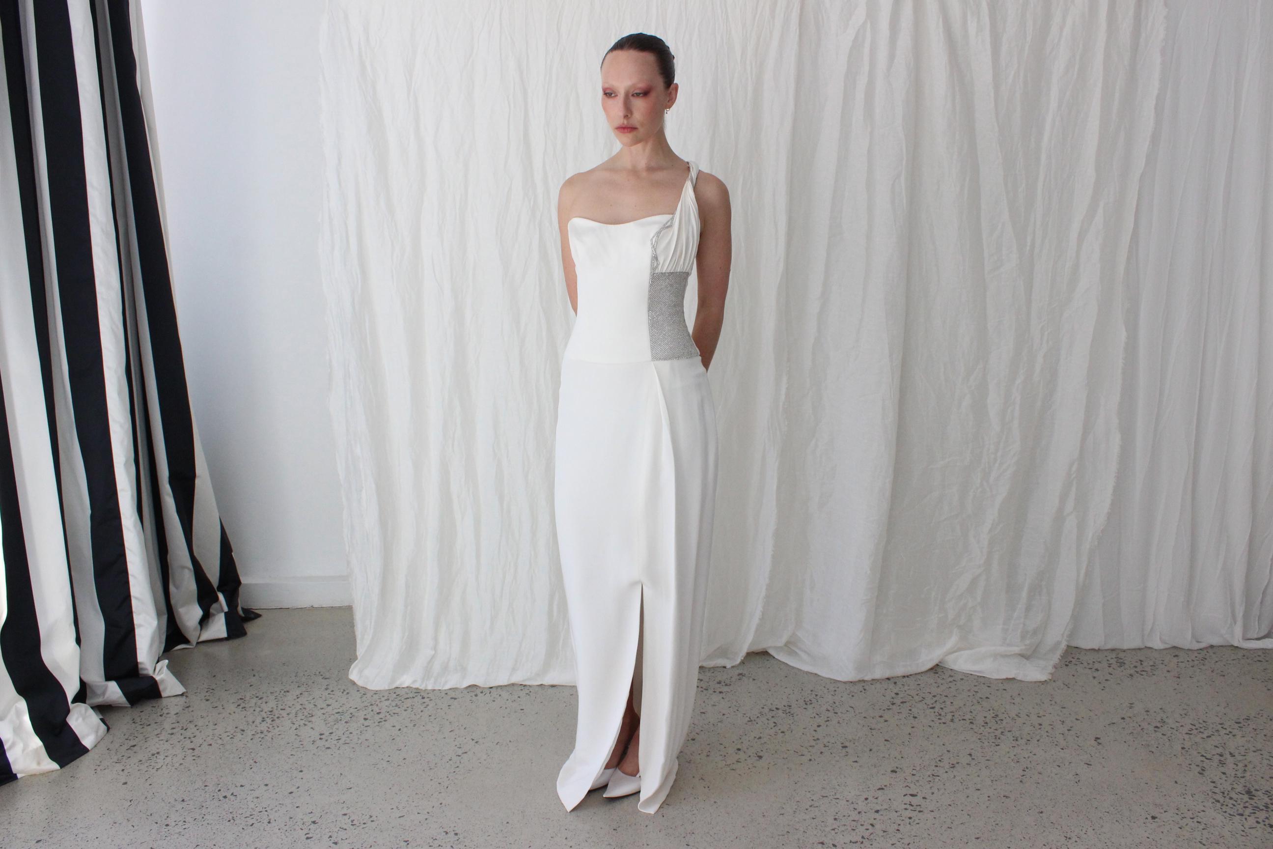 Y2K Silk & Rhinestone One Shoulder Column Gown
