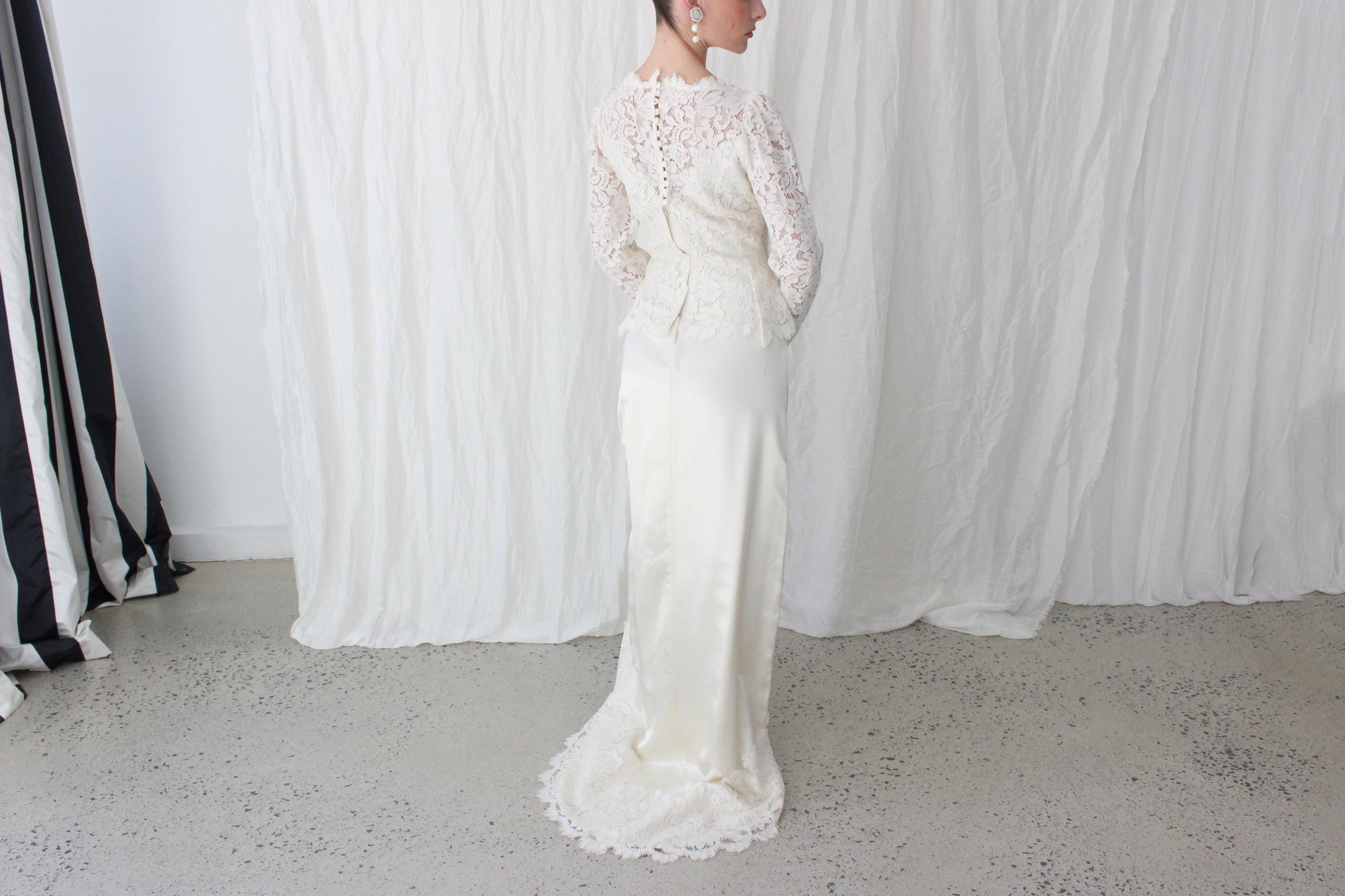 Handmade 80s Scalloped Lace & Satin Long Sleeve Gown