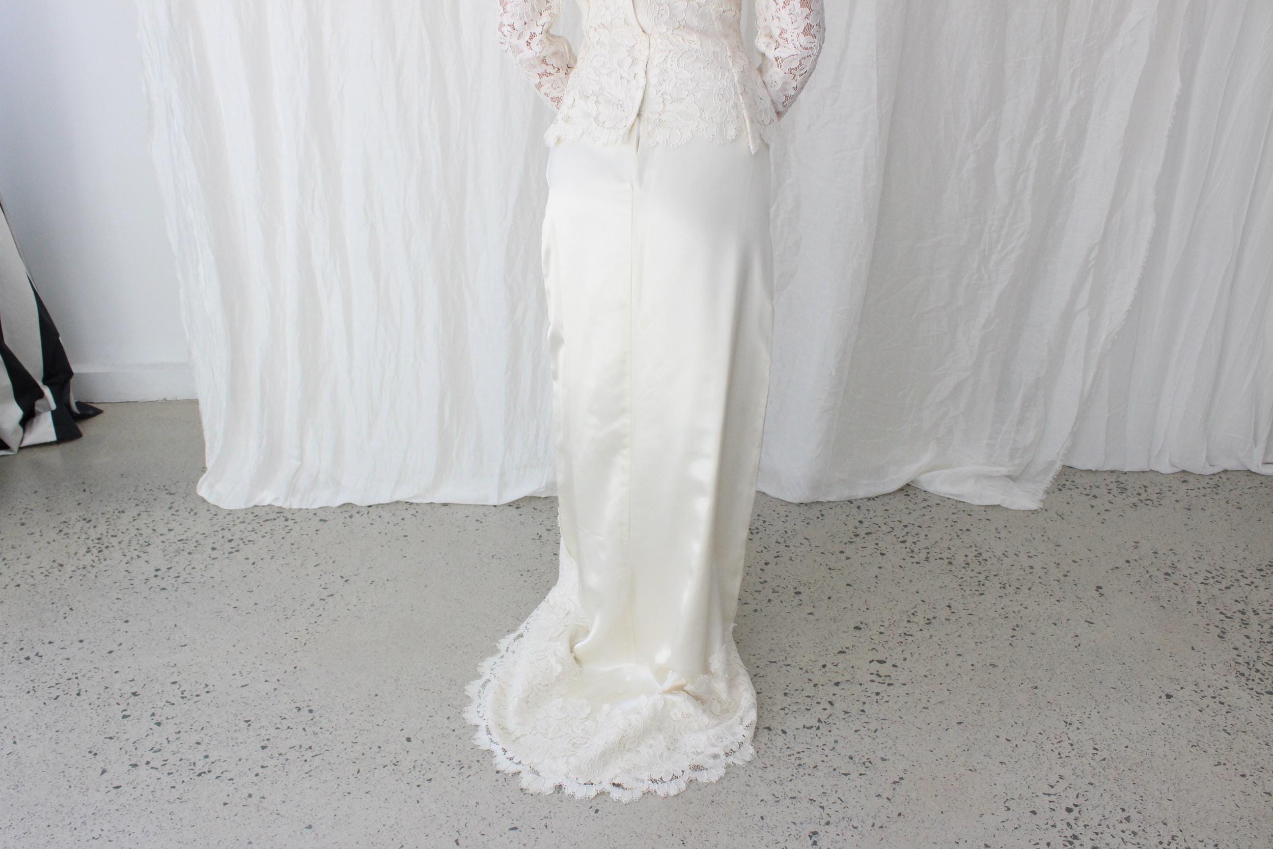 Handmade 80s Scalloped Lace & Satin Long Sleeve Gown