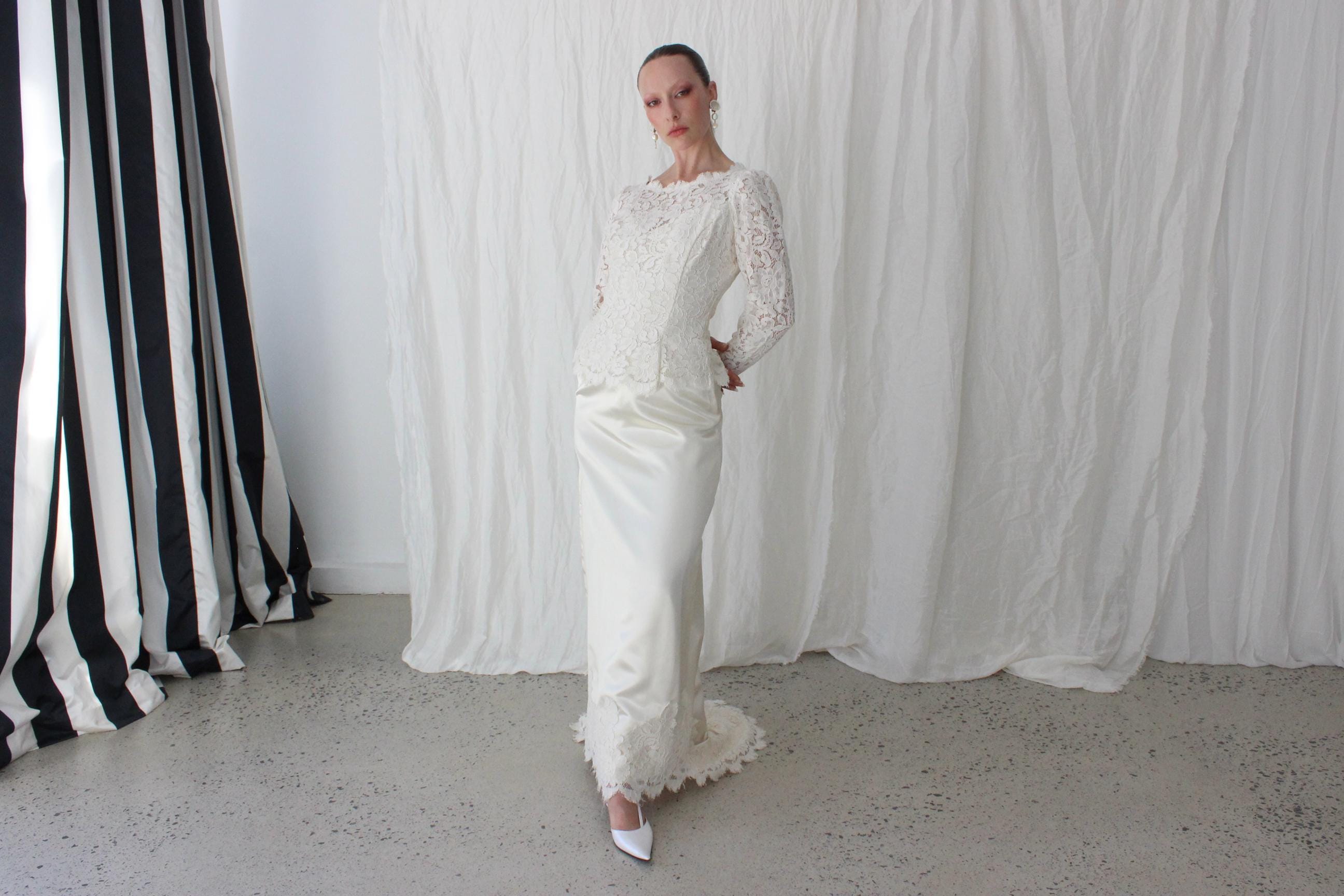 Handmade 80s Scalloped Lace & Satin Long Sleeve Gown