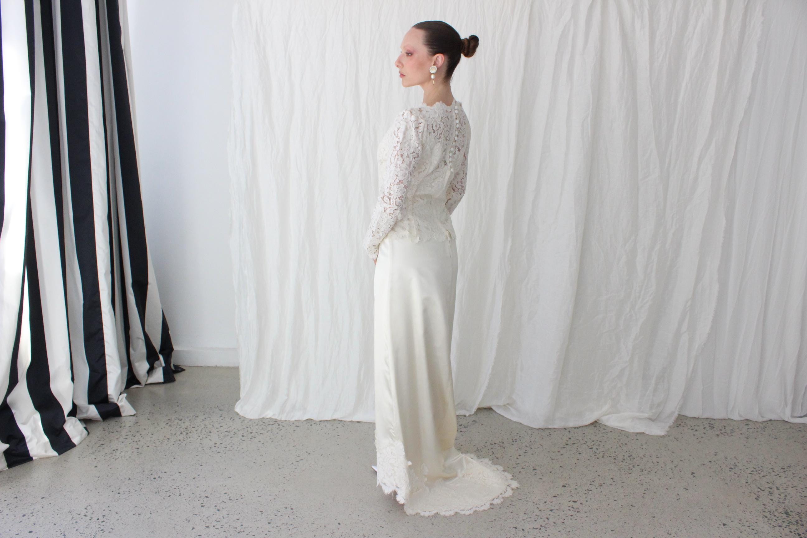 Handmade 80s Scalloped Lace & Satin Long Sleeve Gown