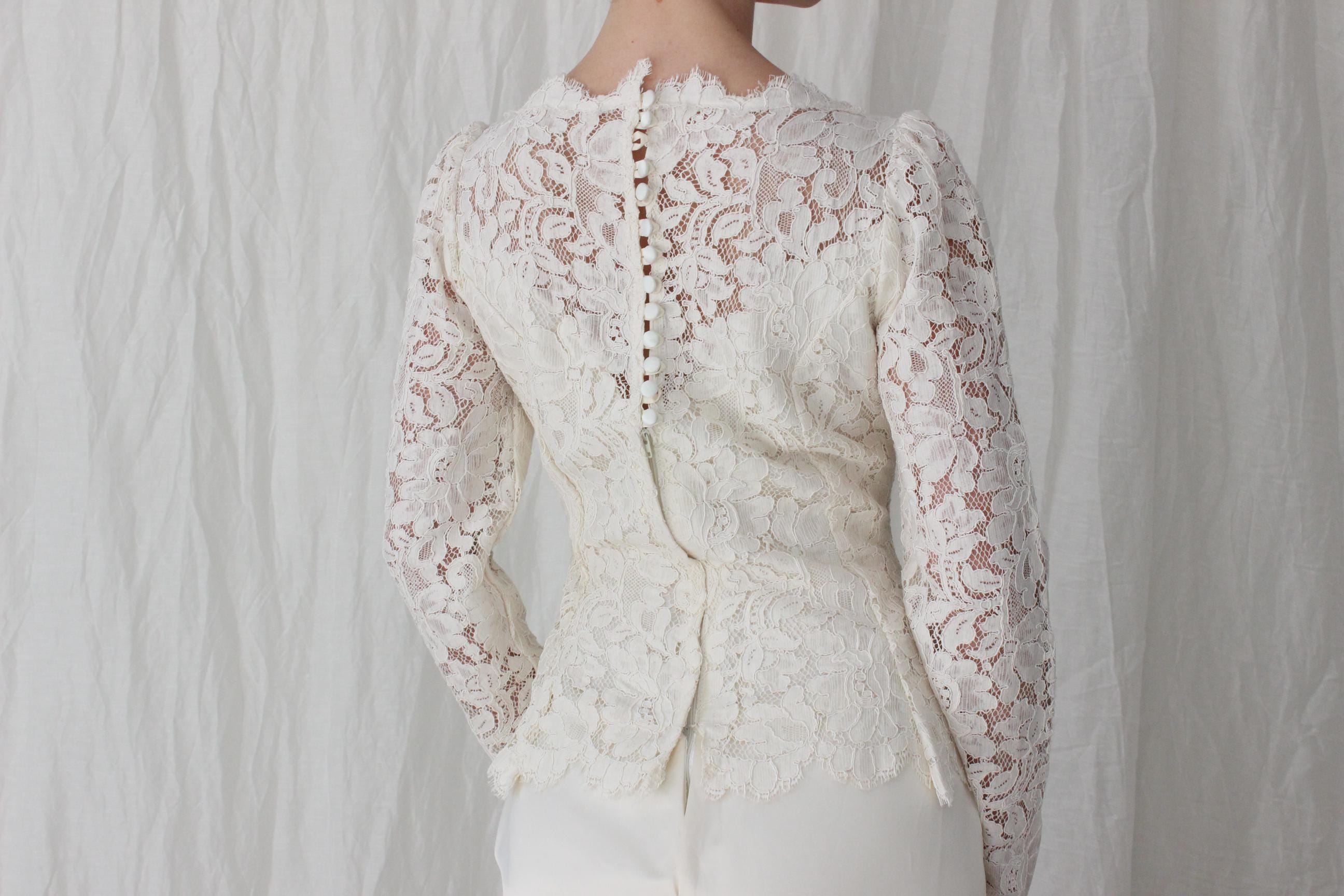 Handmade 80s Scalloped Lace & Satin Long Sleeve Gown