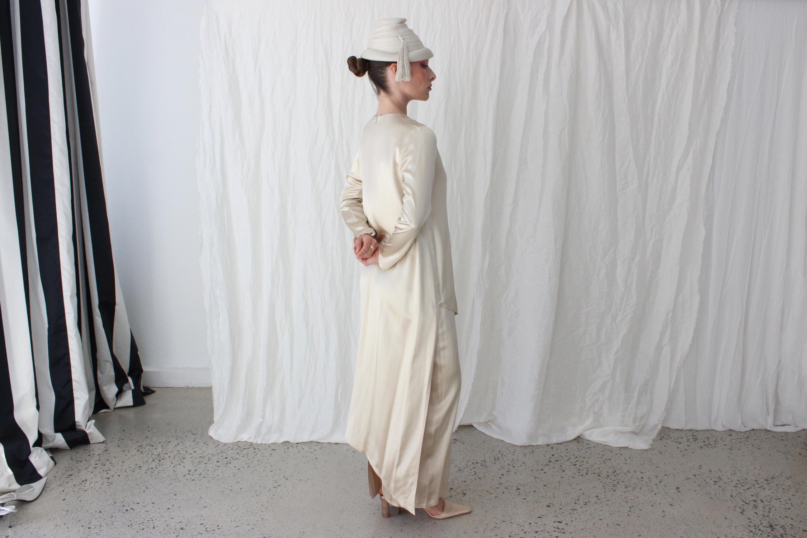Abstract 80s Silk Satin Double Layer Sheath Gown