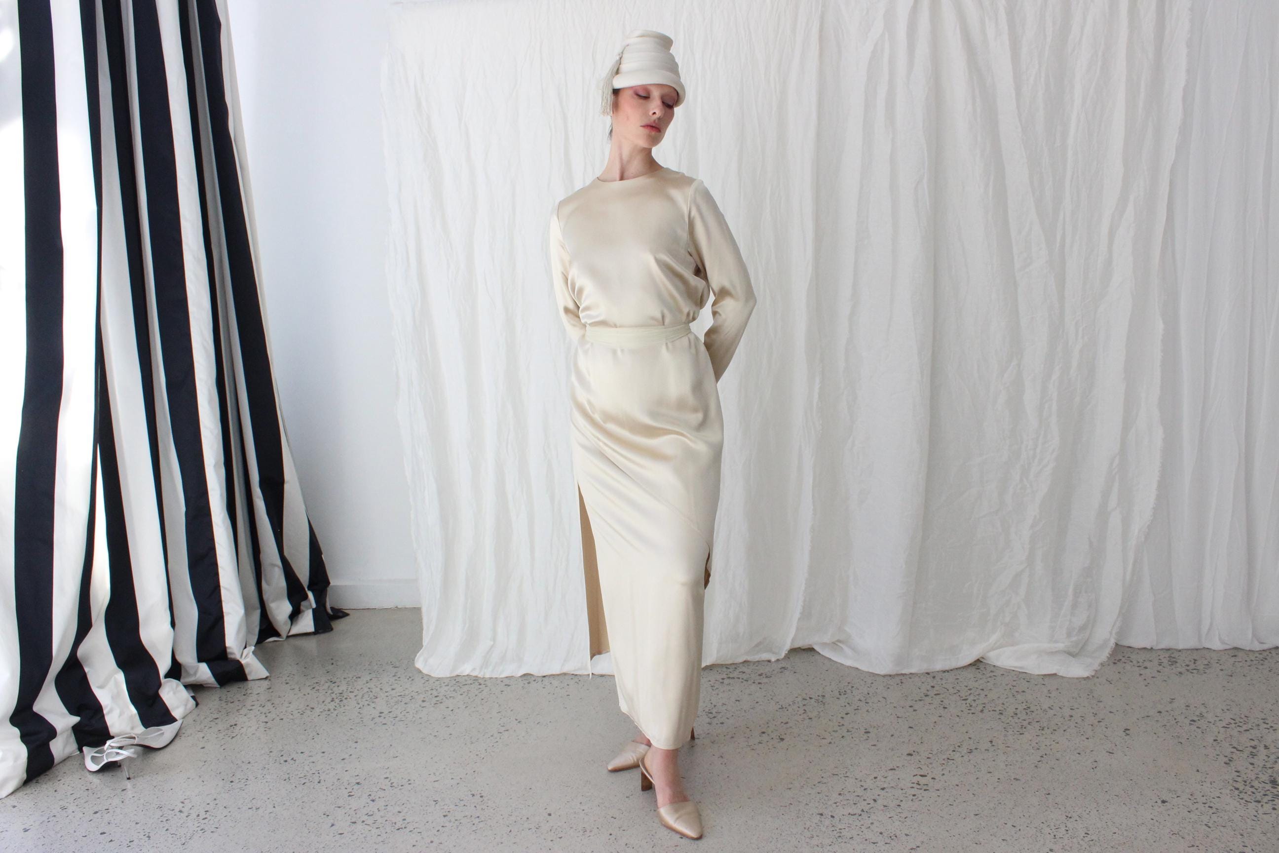 Abstract 80s Silk Satin Double Layer Sheath Gown