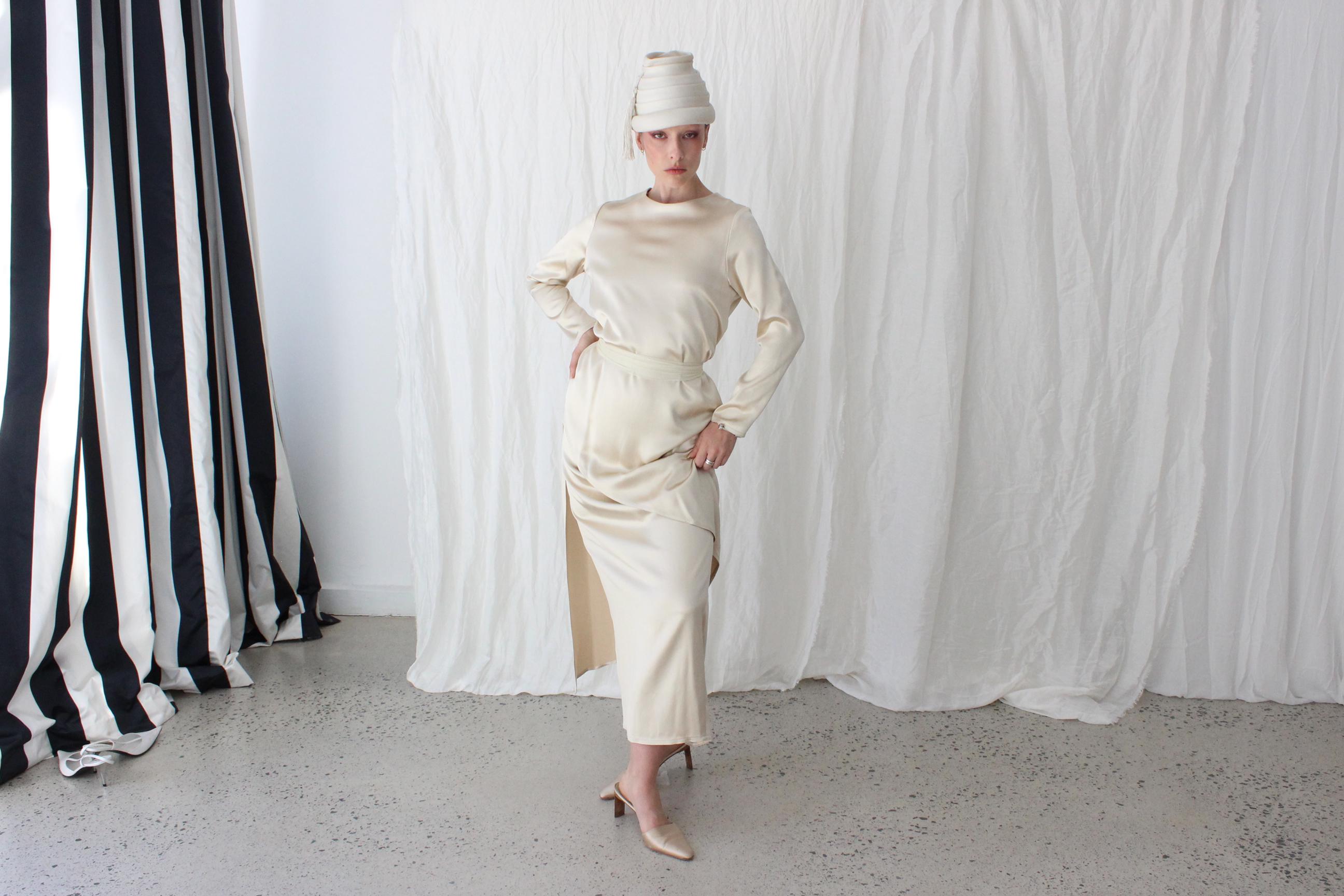Abstract 80s Silk Satin Double Layer Sheath Gown