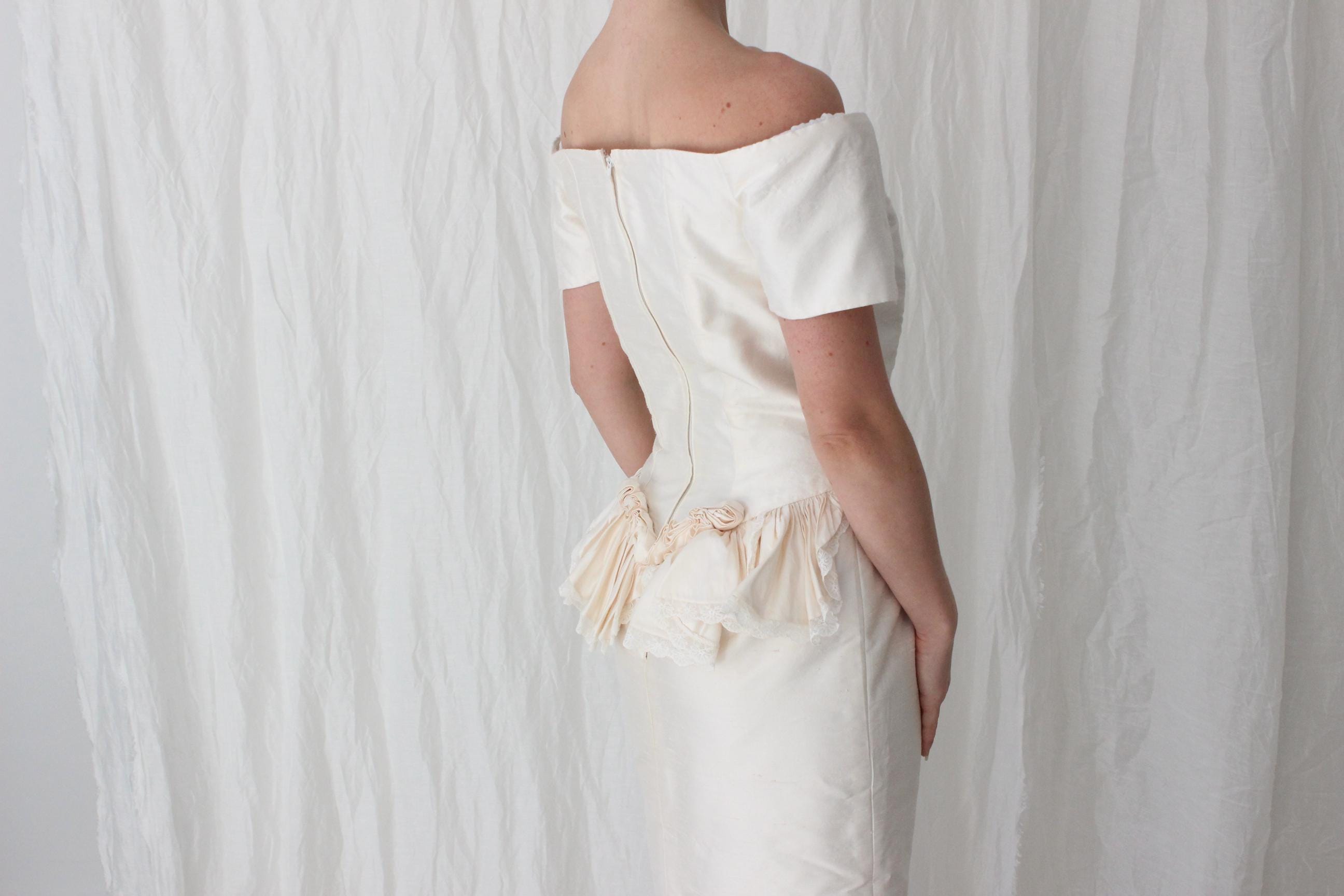 80s Silk Dupion Off Shoulder Column Gown w/ Rosettes