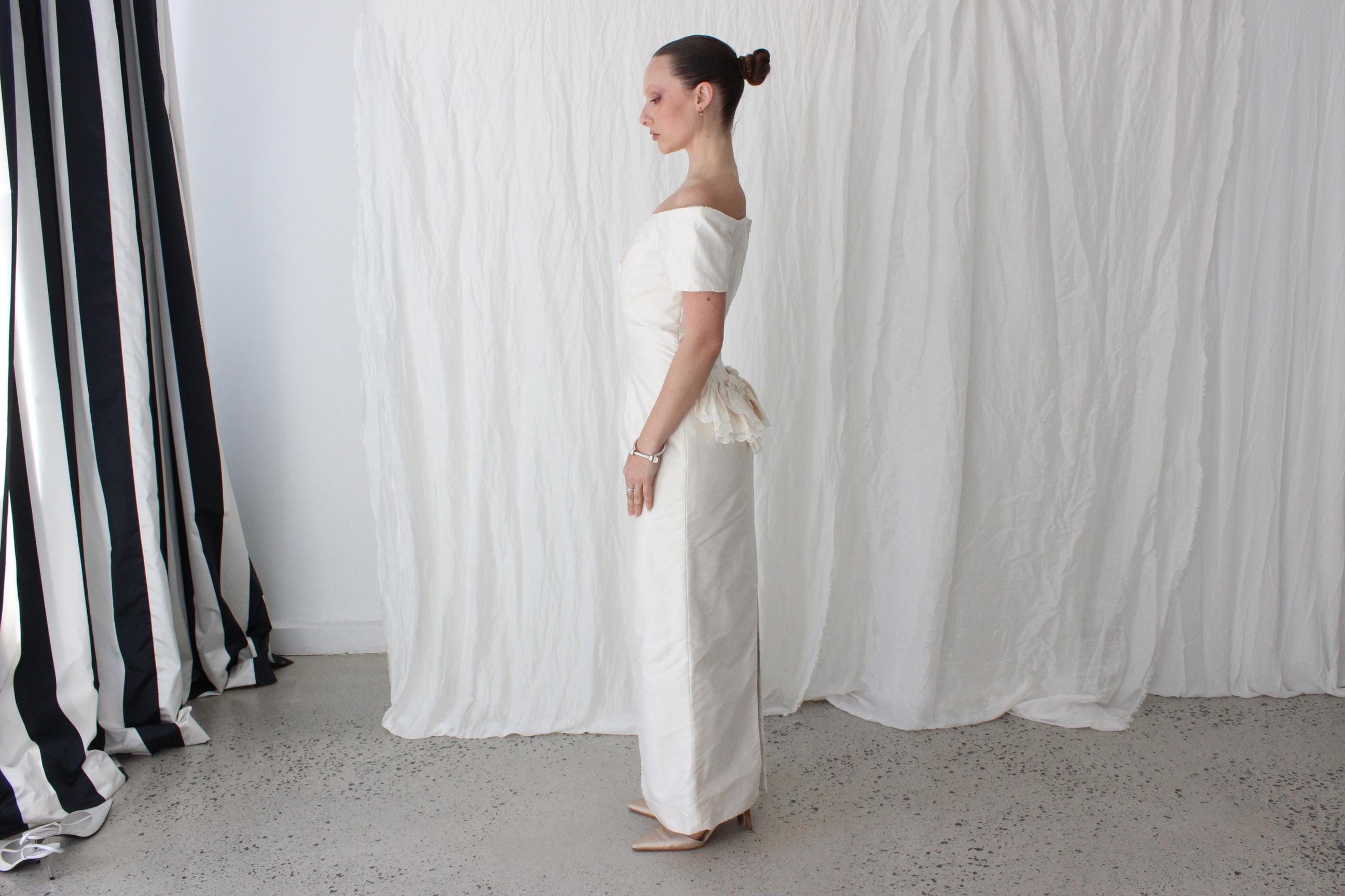 80s Silk Dupion Off Shoulder Column Gown w/ Rosettes