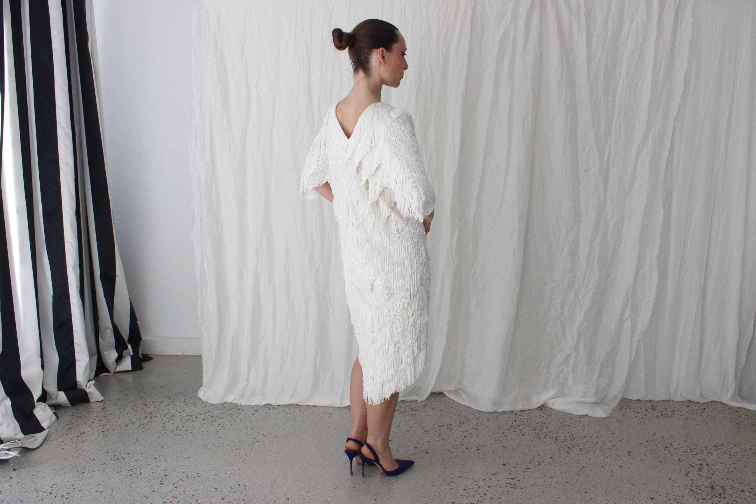 80s Lush Tassel Cha Cha Bridal Cocktail Dress