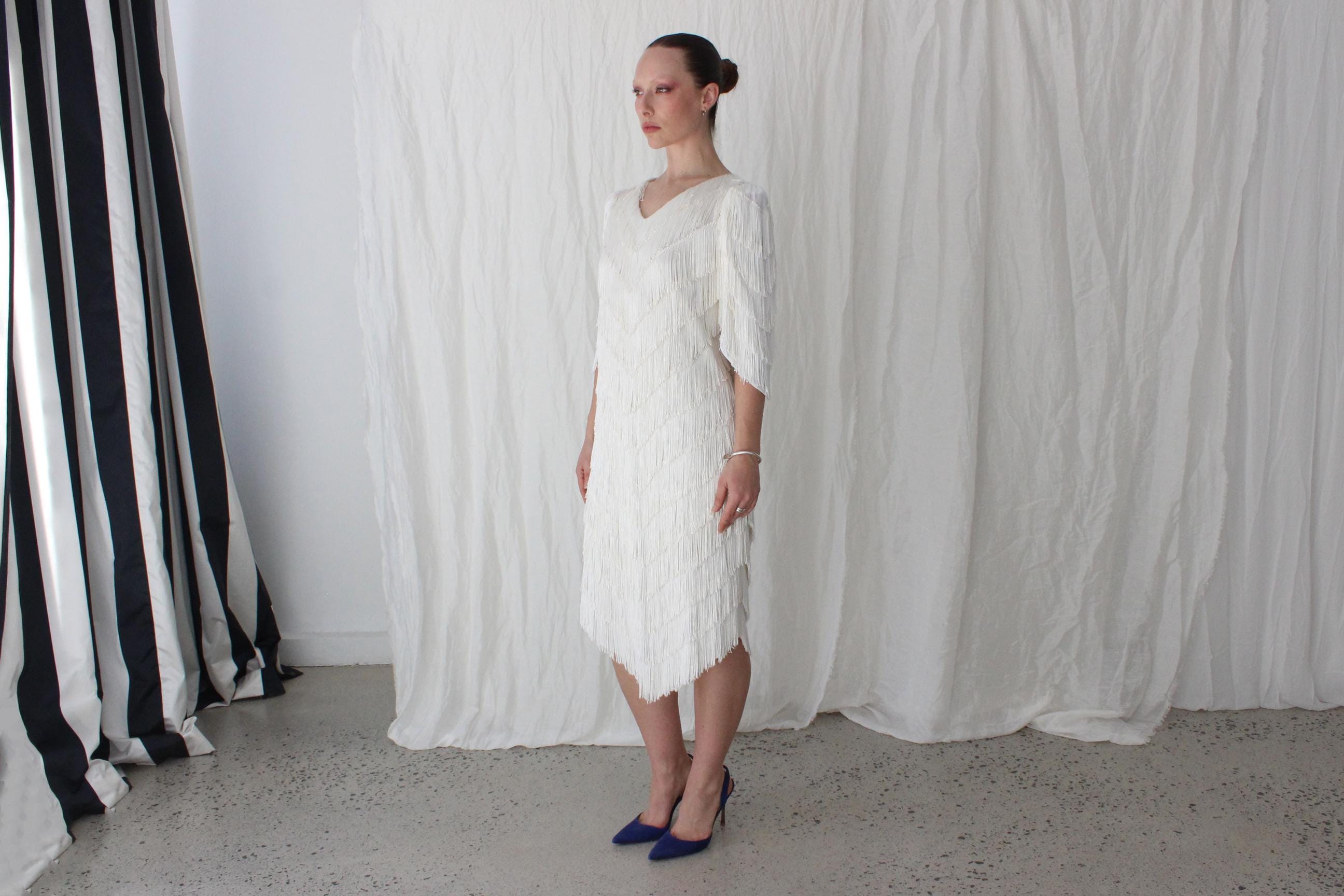 80s Lush Tassel Cha Cha Bridal Cocktail Dress