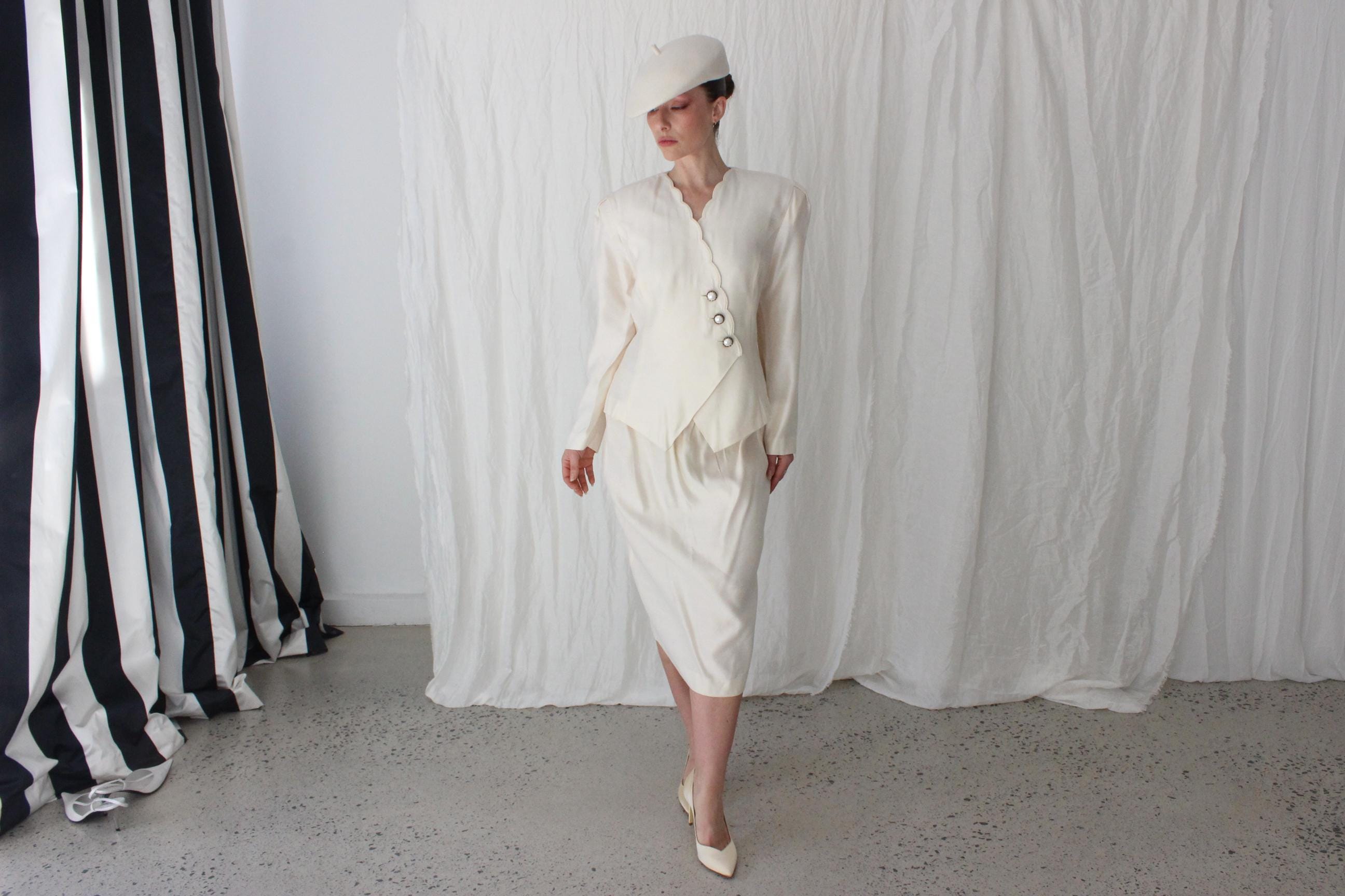 80s Leslie Fay Scalloped Two Piece Bridal Suit