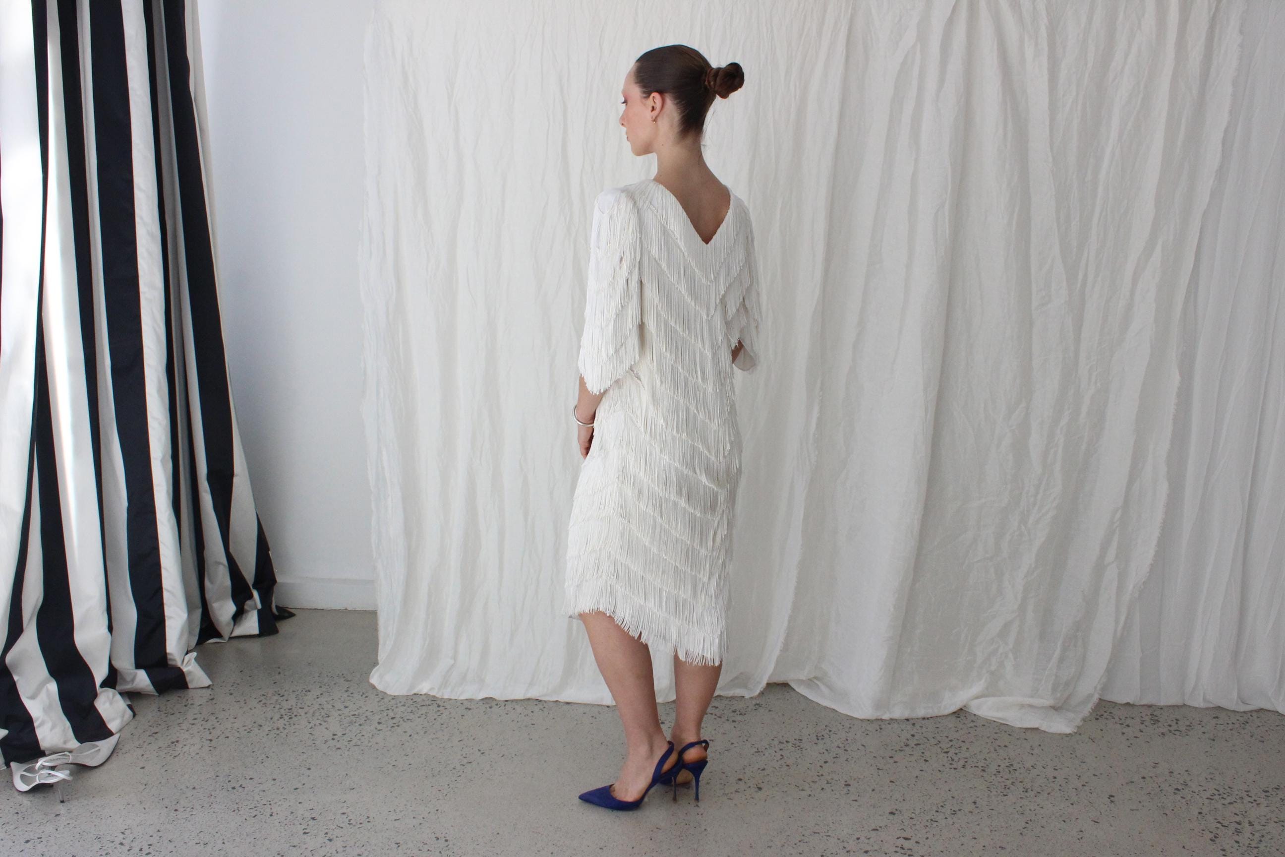 80s Lush Tassel Cha Cha Bridal Cocktail Dress