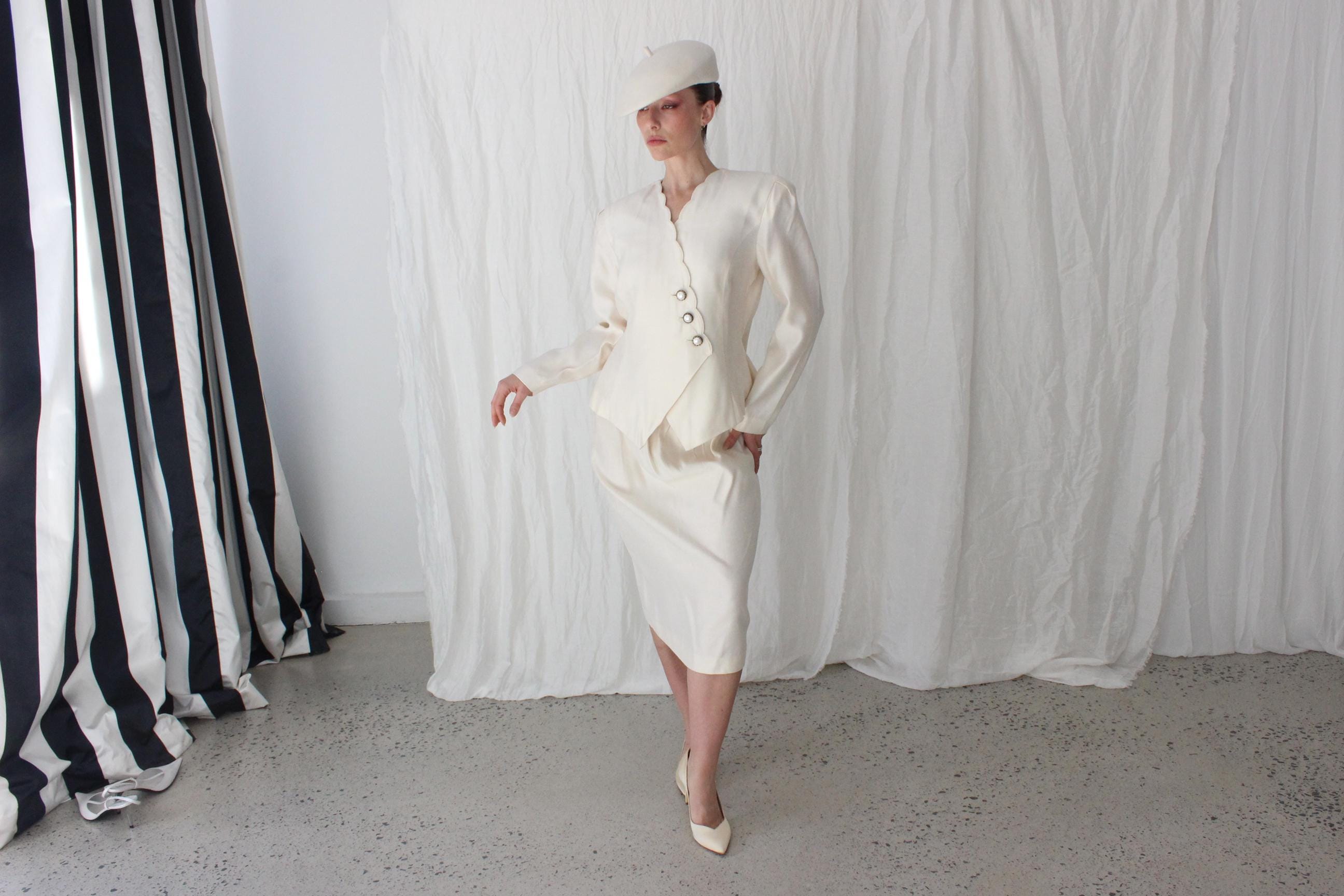 80s Leslie Fay Scalloped Two Piece Bridal Suit