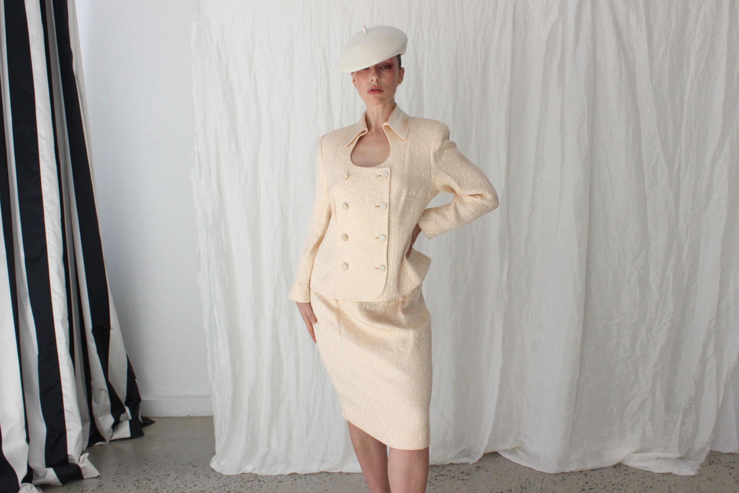 80s Peach Silk & Wool Quilted Two Piece Power Suit