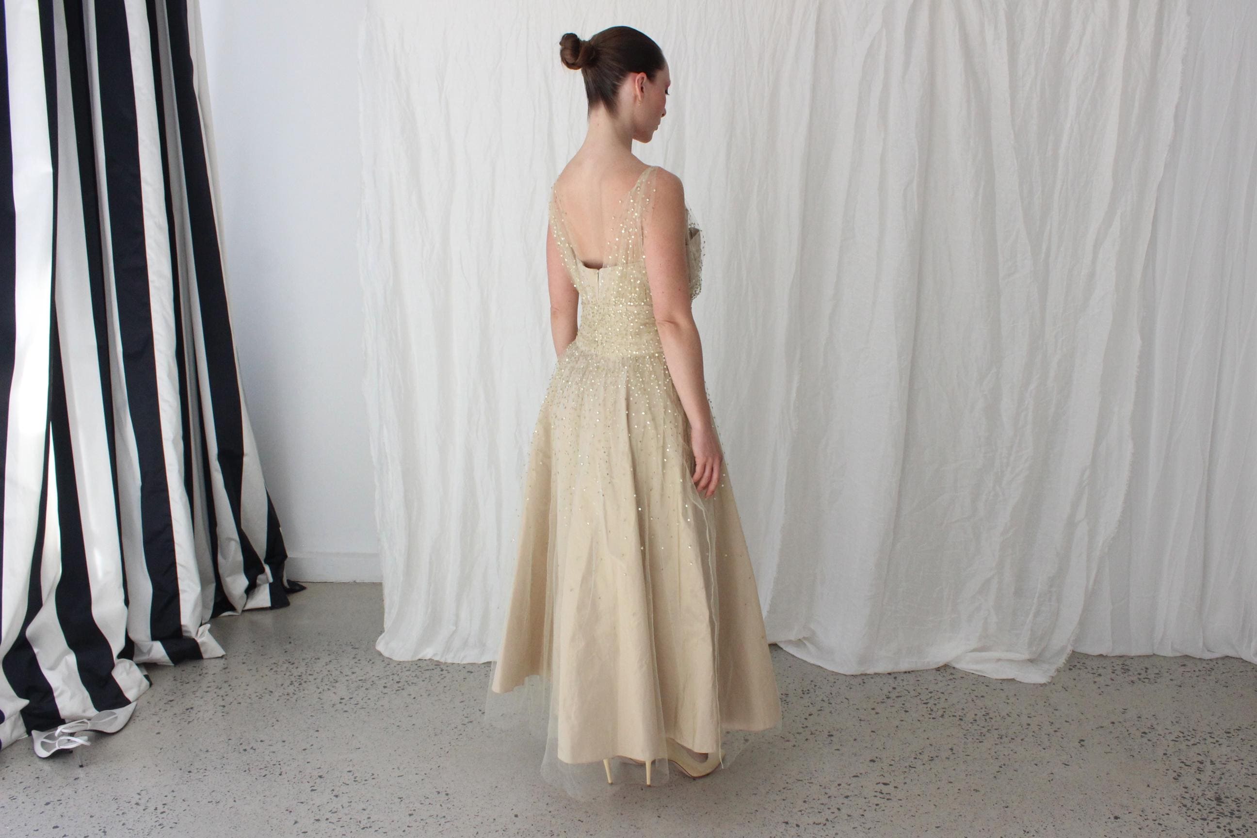 Old Hollywood Glamour Silk Taffeta & Sequin Tulle Cocktail Gown by Roland Nivelais