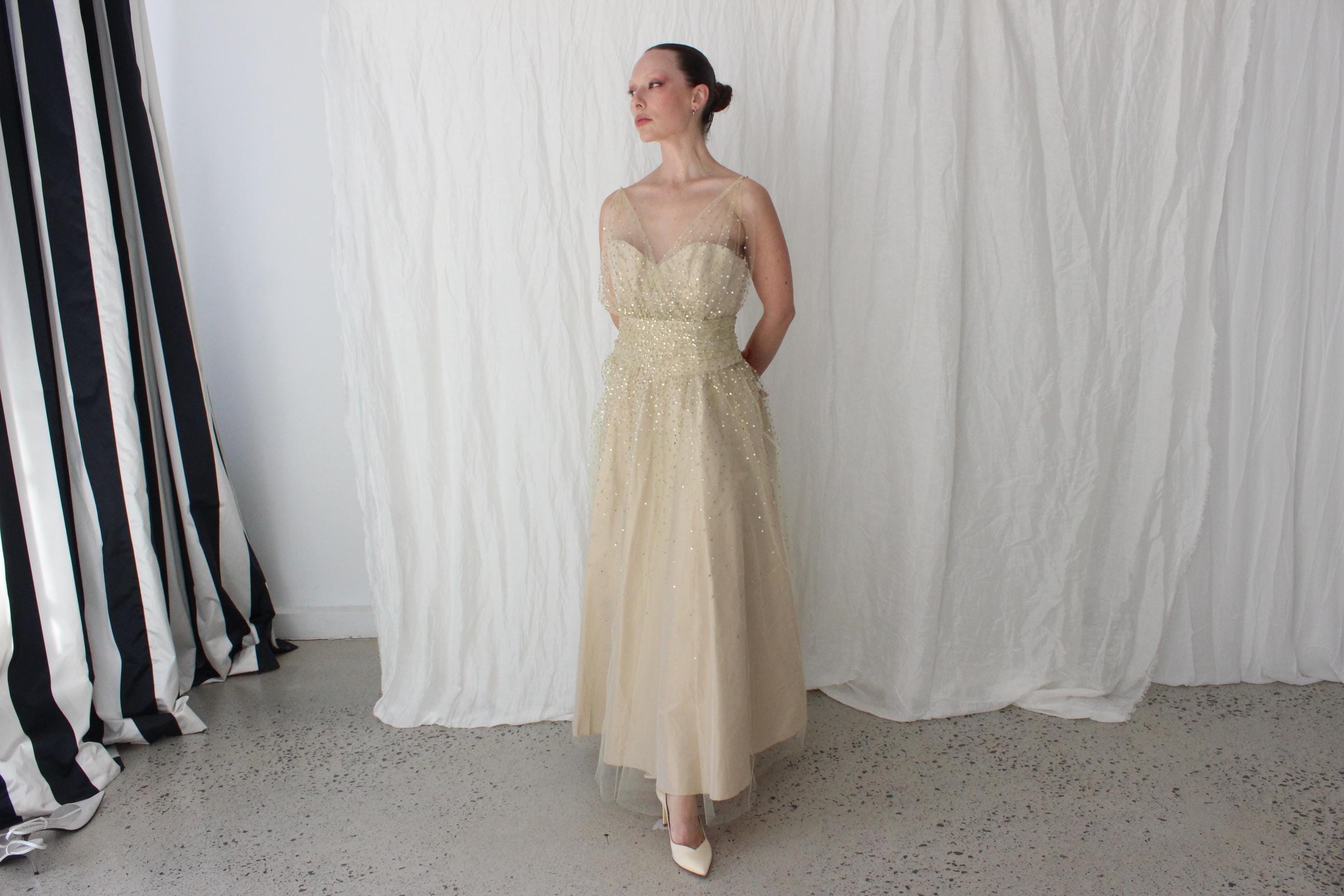 Old Hollywood Glamour Silk Taffeta & Sequin Tulle Cocktail Gown by Roland Nivelais