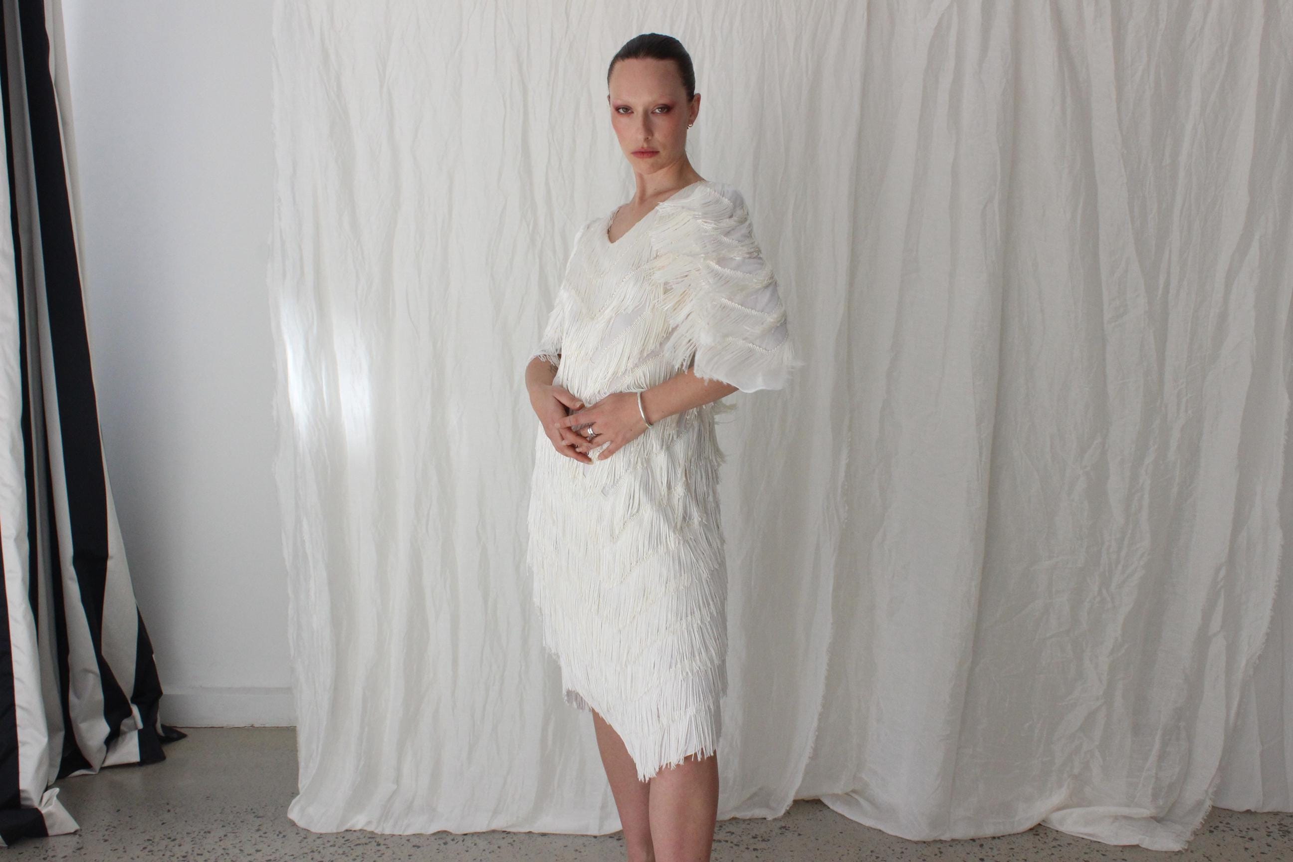 80s Lush Tassel Cha Cha Bridal Cocktail Dress