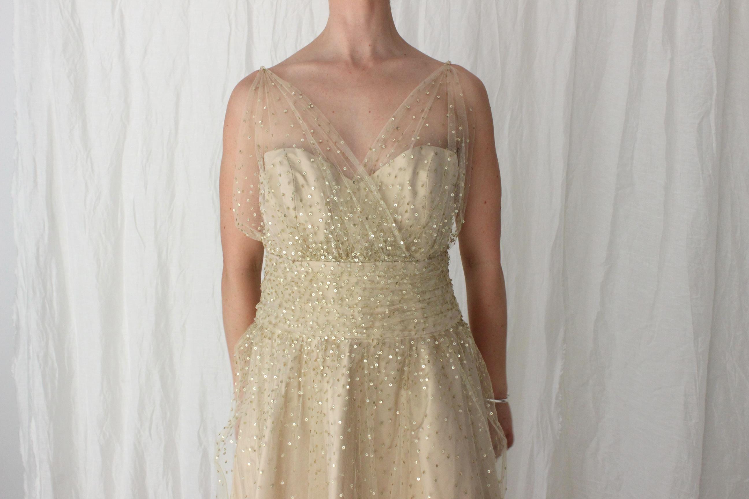 Old Hollywood Glamour Silk Taffeta & Sequin Tulle Cocktail Gown by Roland Nivelais