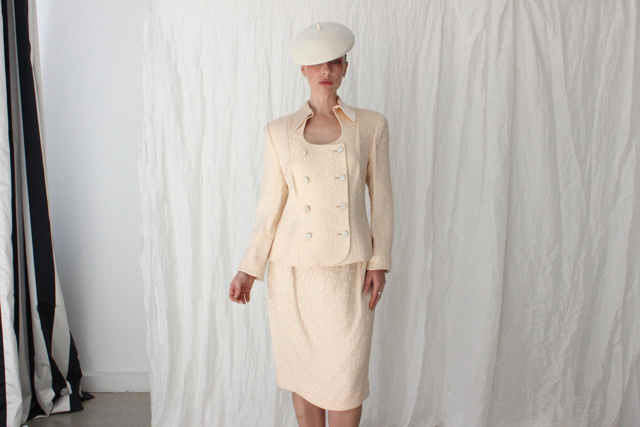 80s Peach Silk & Wool Quilted Two Piece Power Suit