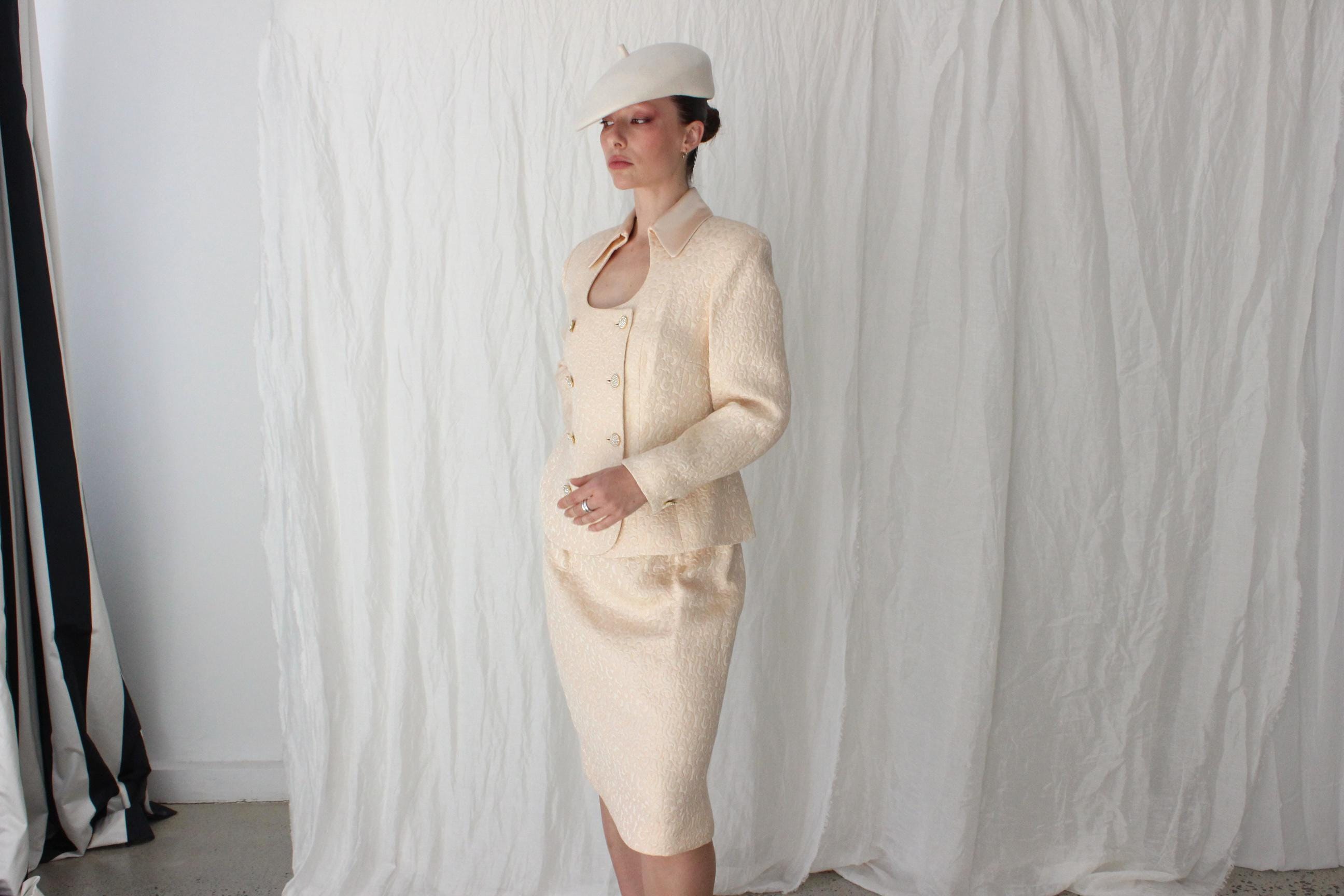 80s Peach Silk & Wool Quilted Two Piece Power Suit