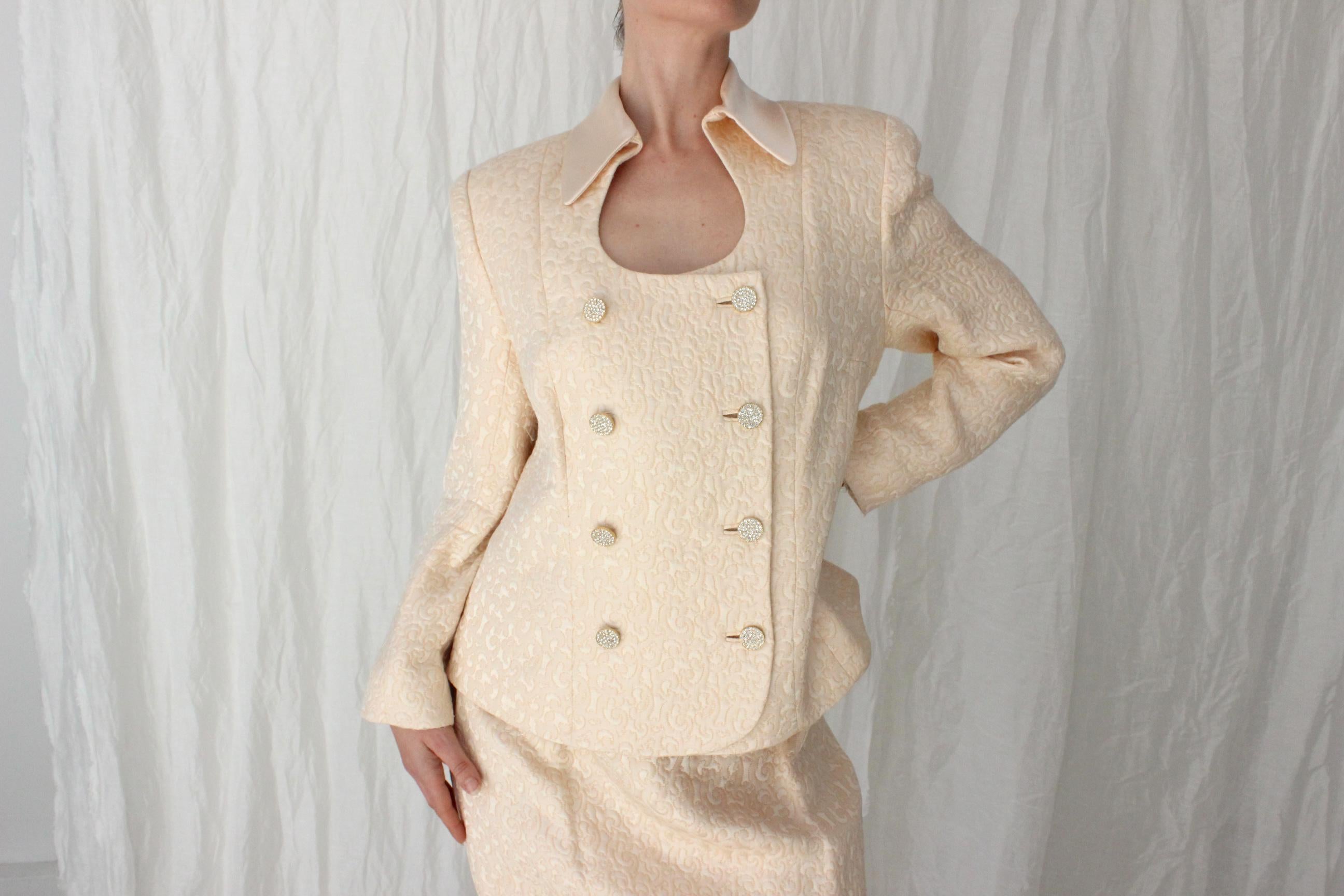 80s Peach Silk & Wool Quilted Two Piece Power Suit
