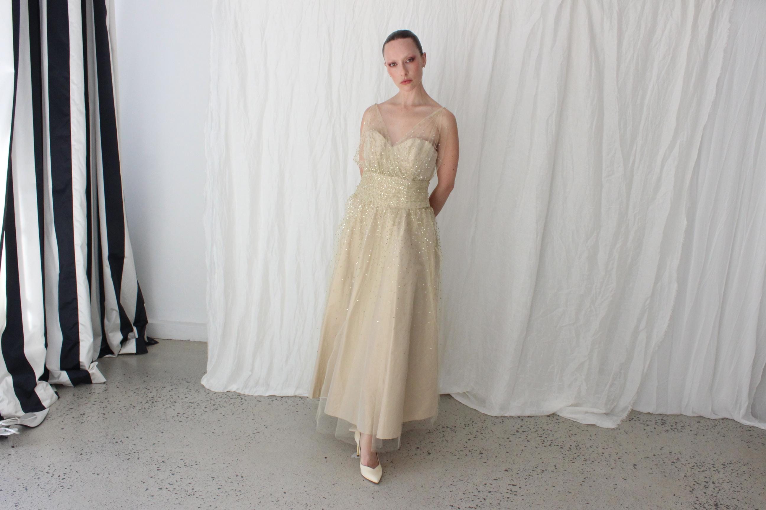 Old Hollywood Glamour Silk Taffeta & Sequin Tulle Cocktail Gown by Roland Nivelais