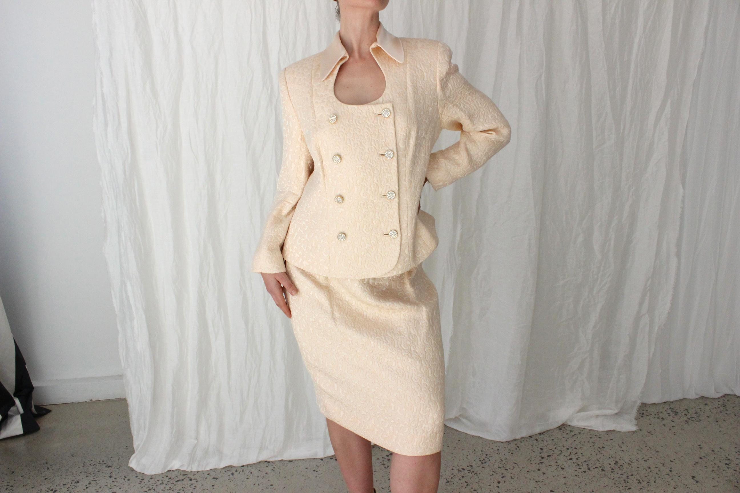 80s Peach Silk & Wool Quilted Two Piece Power Suit
