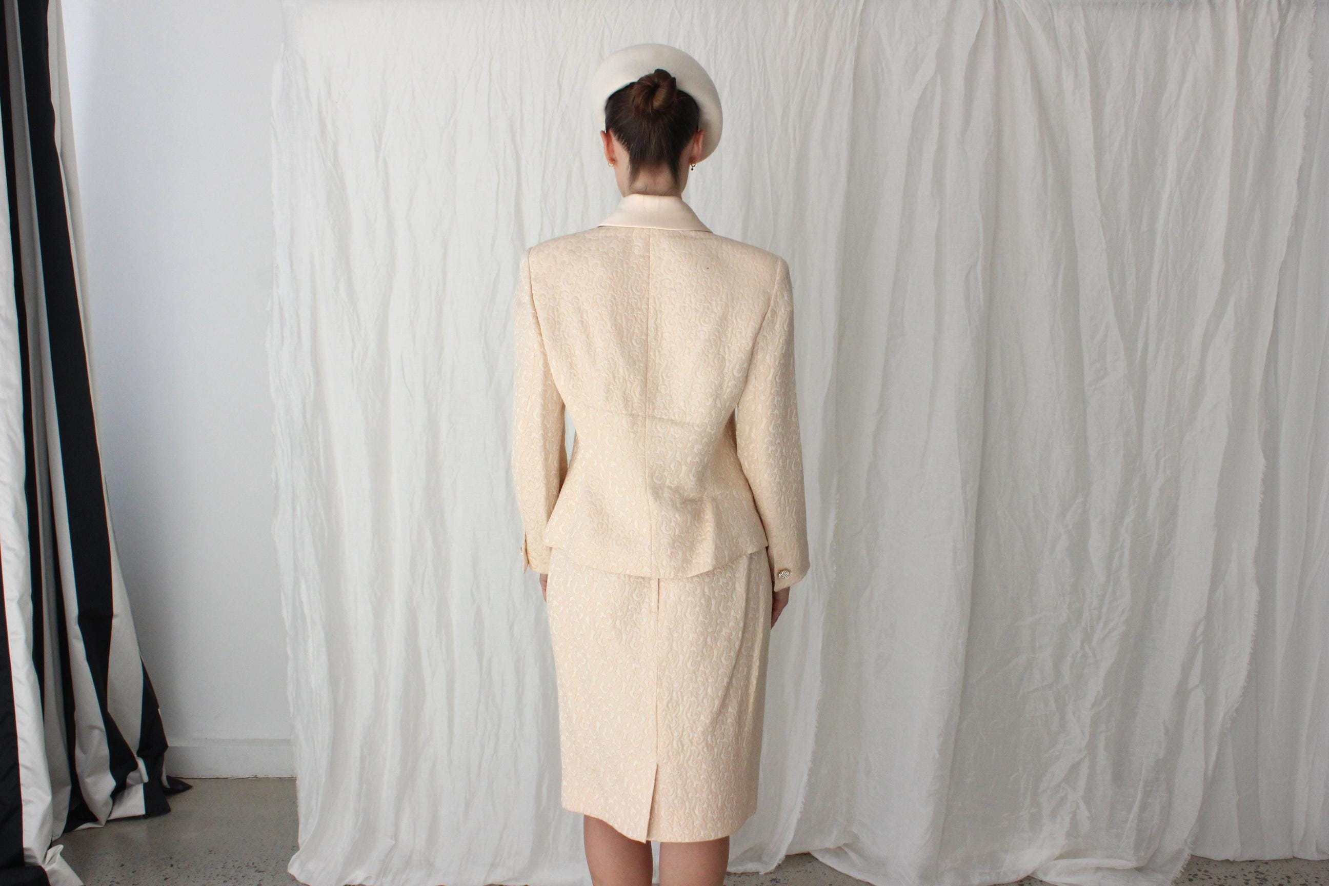 80s Peach Silk & Wool Quilted Two Piece Power Suit