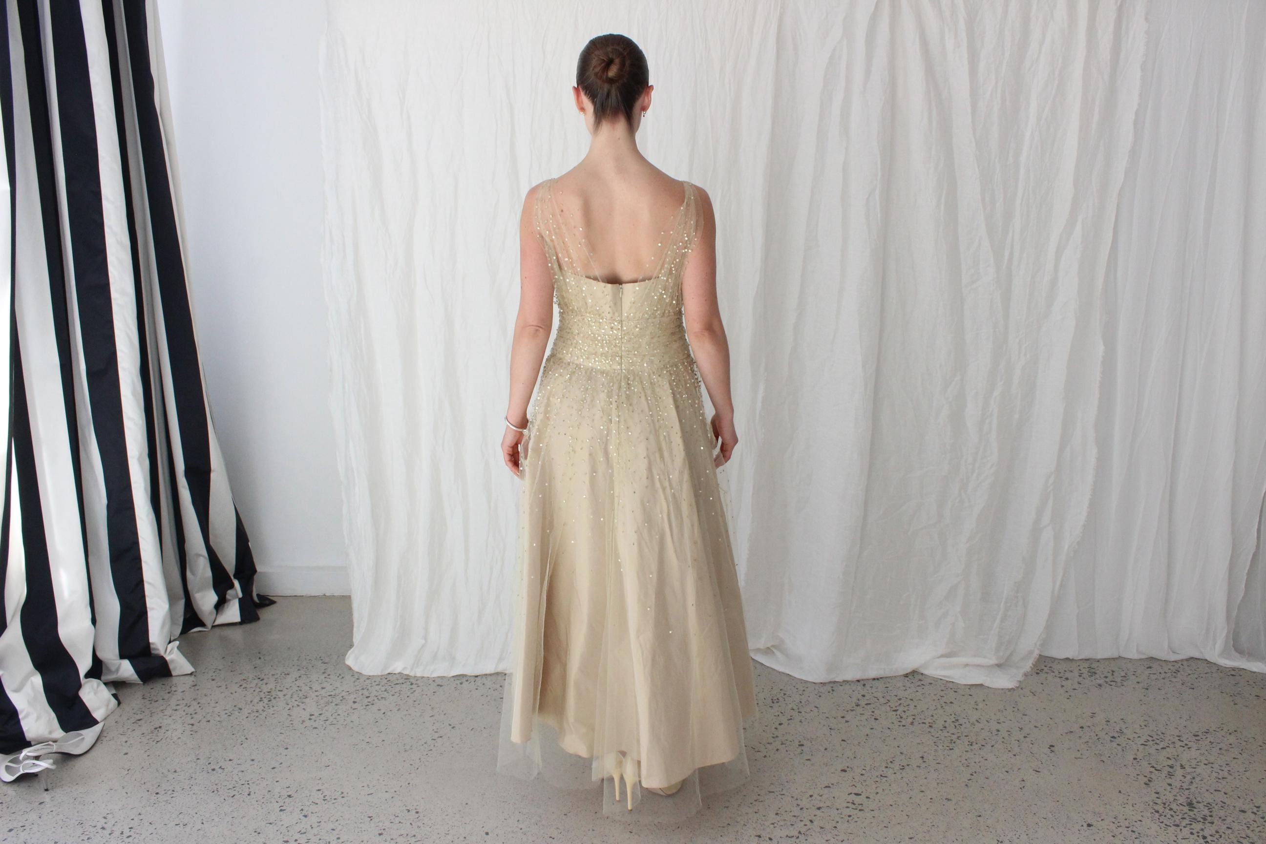 Old Hollywood Glamour Silk Taffeta & Sequin Tulle Cocktail Gown by Roland Nivelais