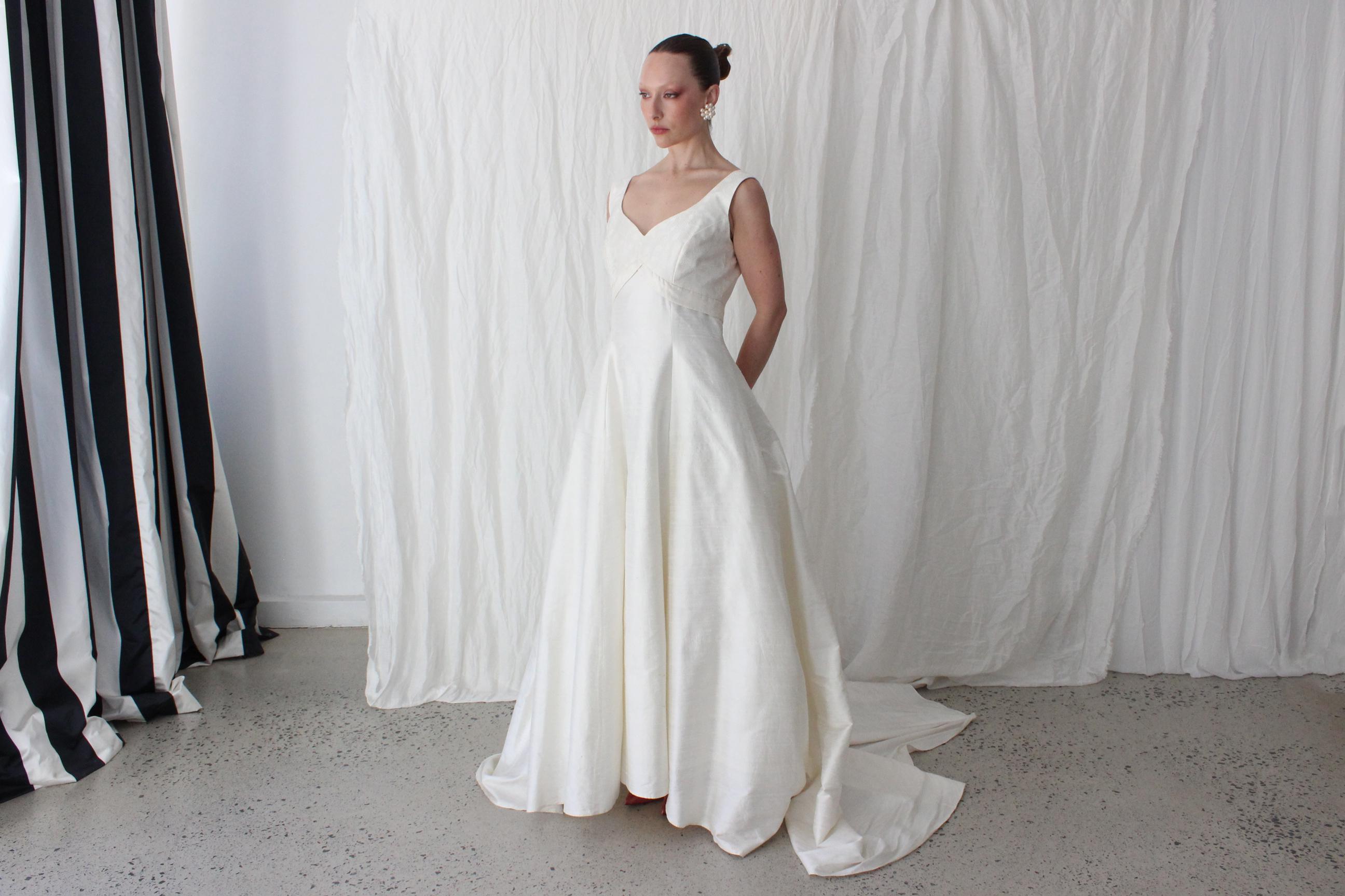 90s British Vintage Silk Dupion Empire Waist A Line Gown