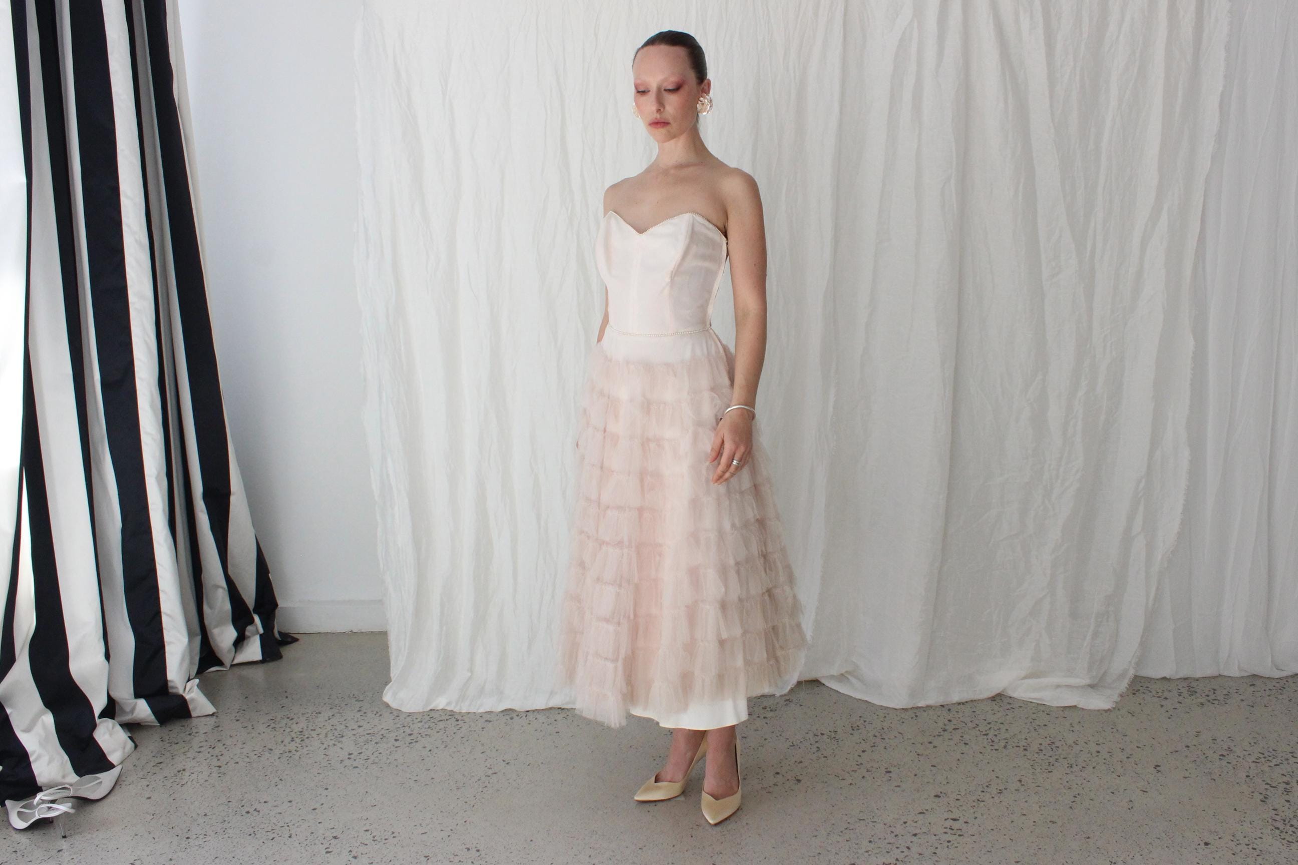 1950s Blush Pink Tiered Tulle Cocktail Dress
