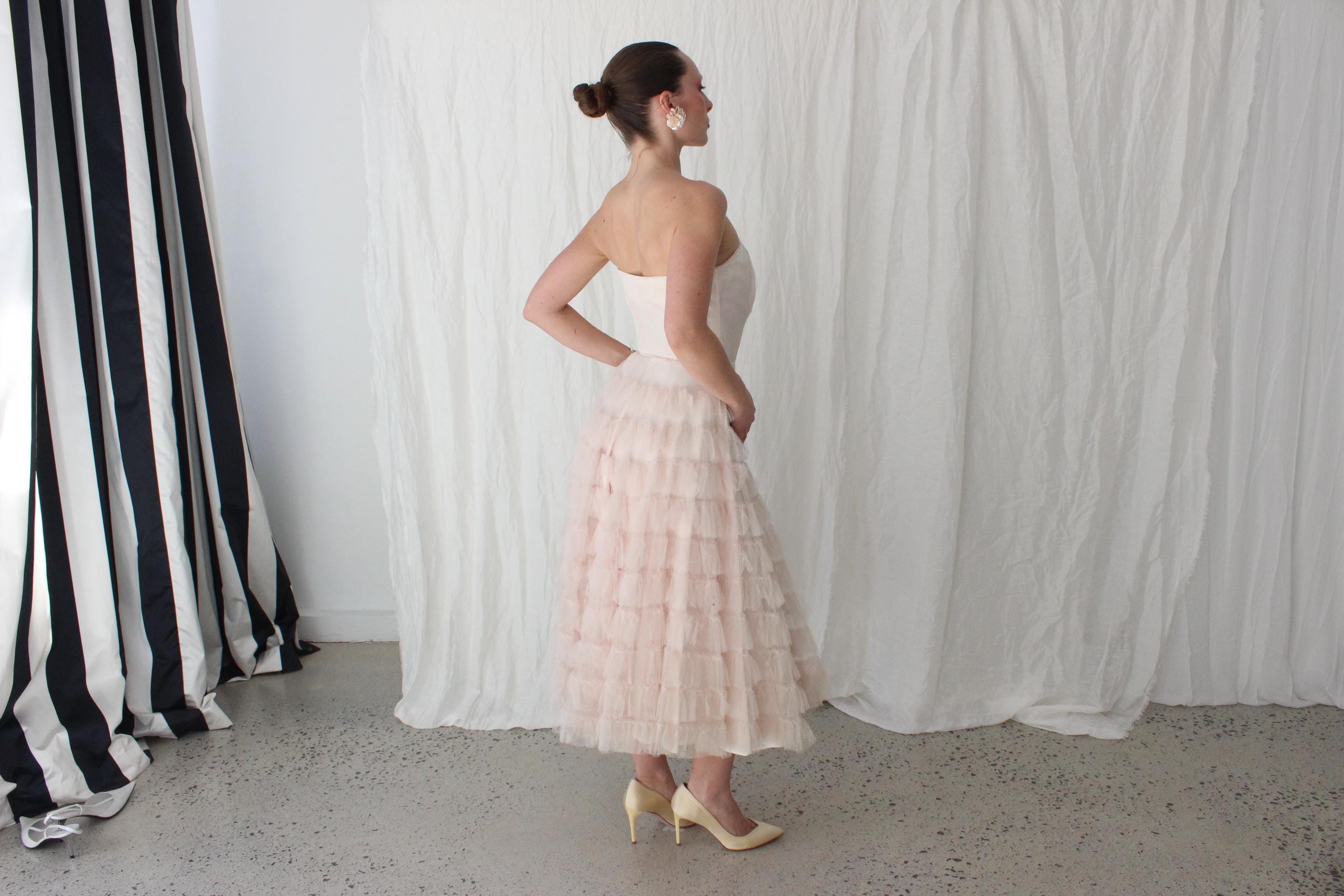1950s Blush Pink Tiered Tulle Cocktail Dress