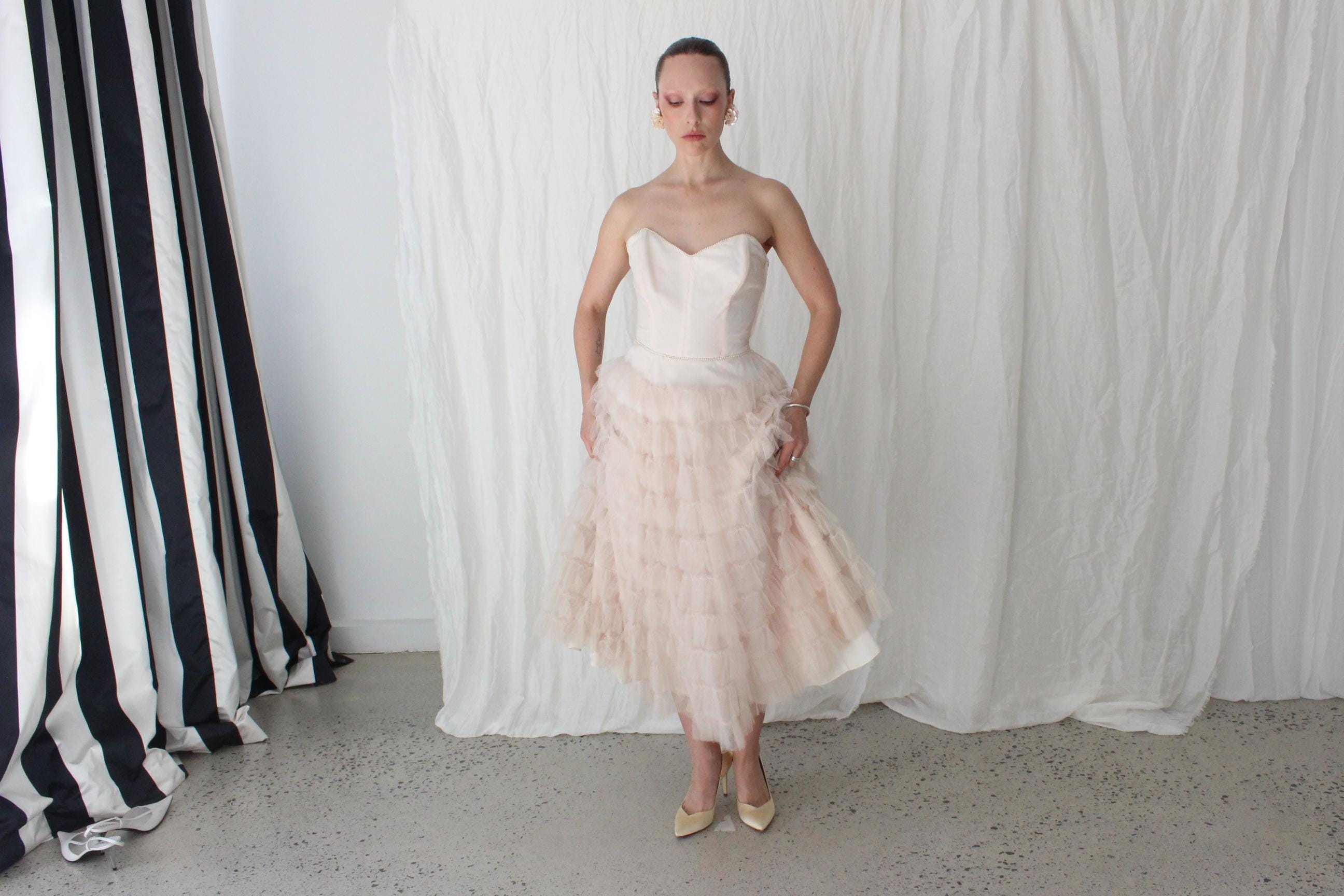 1950s Blush Pink Tiered Tulle Cocktail Dress