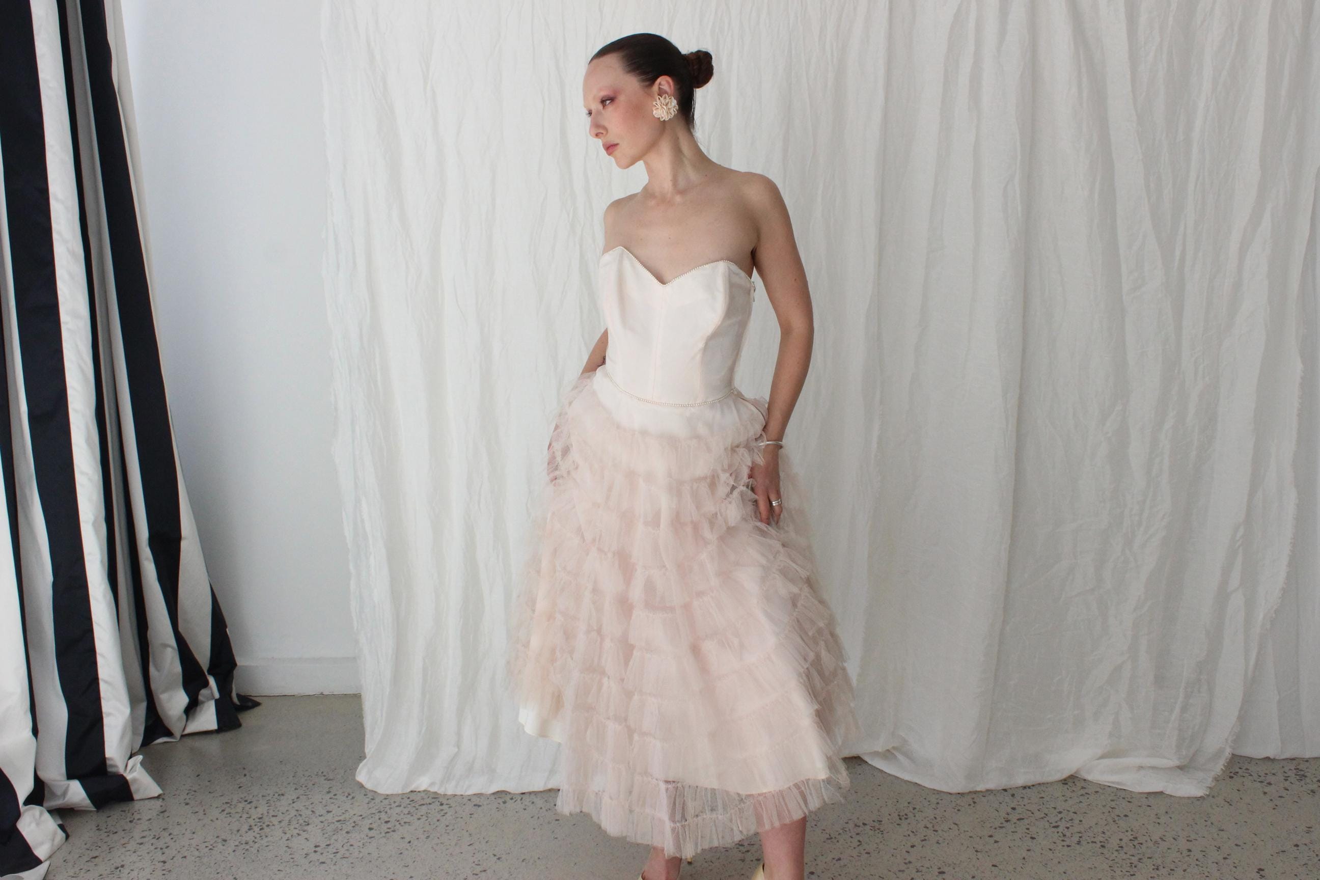 1950s Blush Pink Tiered Tulle Cocktail Dress