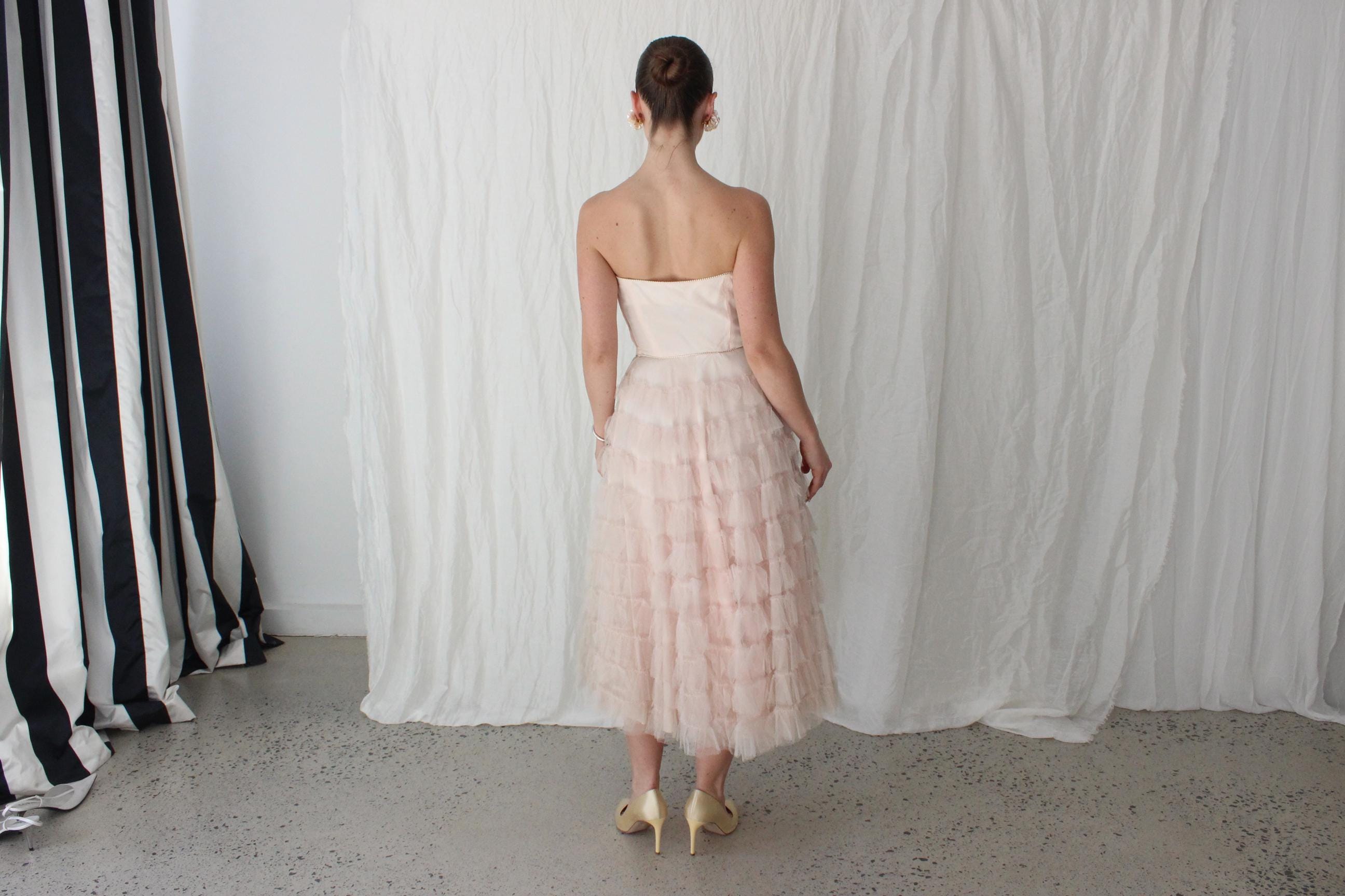 1950s Blush Pink Tiered Tulle Cocktail Dress