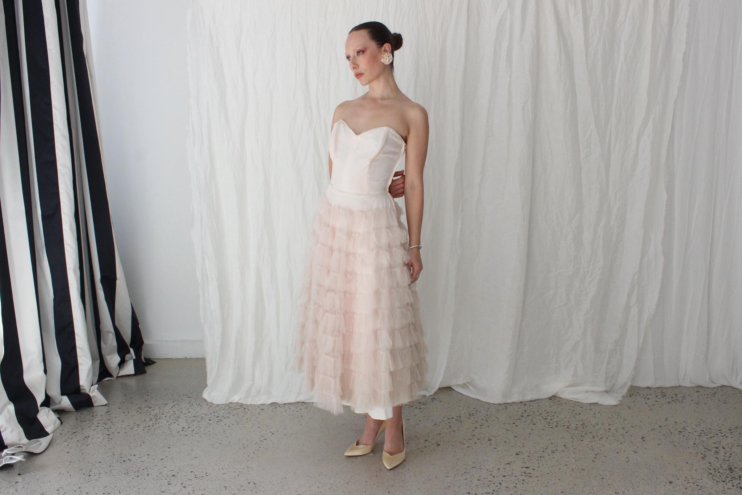 1950s Blush Pink Tiered Tulle Cocktail Dress
