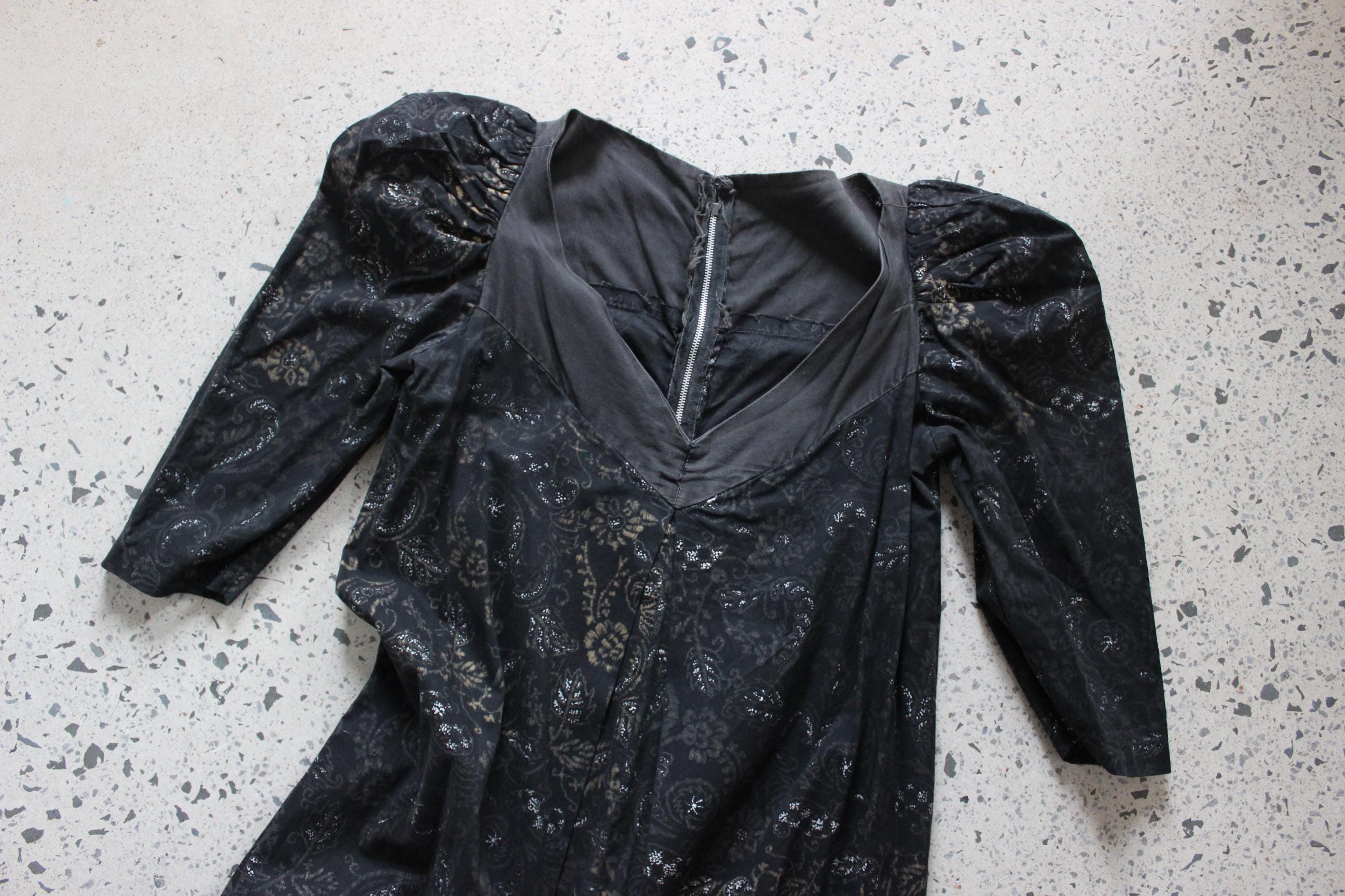 Antique 40s Hand Painted Cotton Puff Sleeve Trapeze Dress