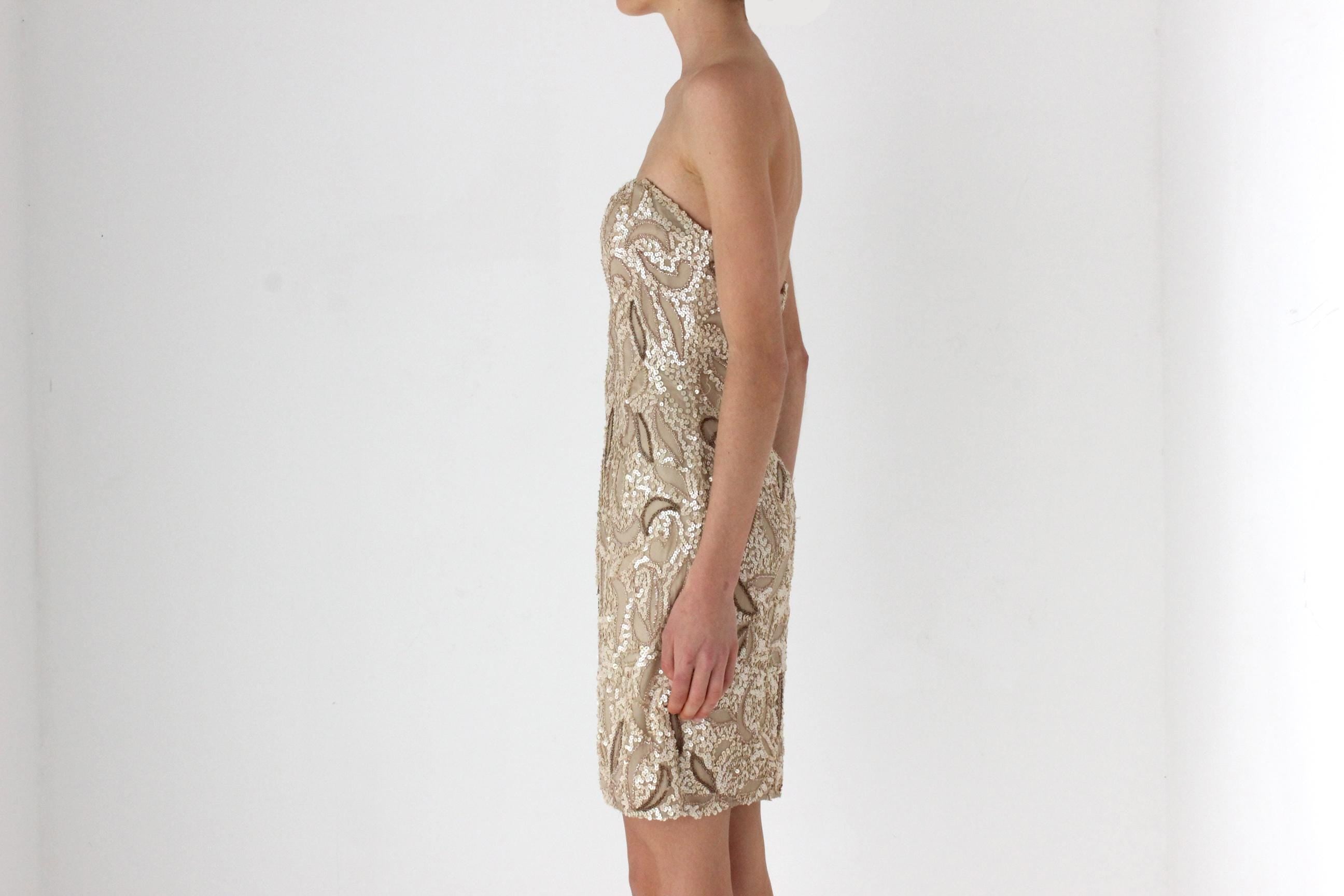 80s Tan / Nude / Golden Sequin & Silk Strapless Mini