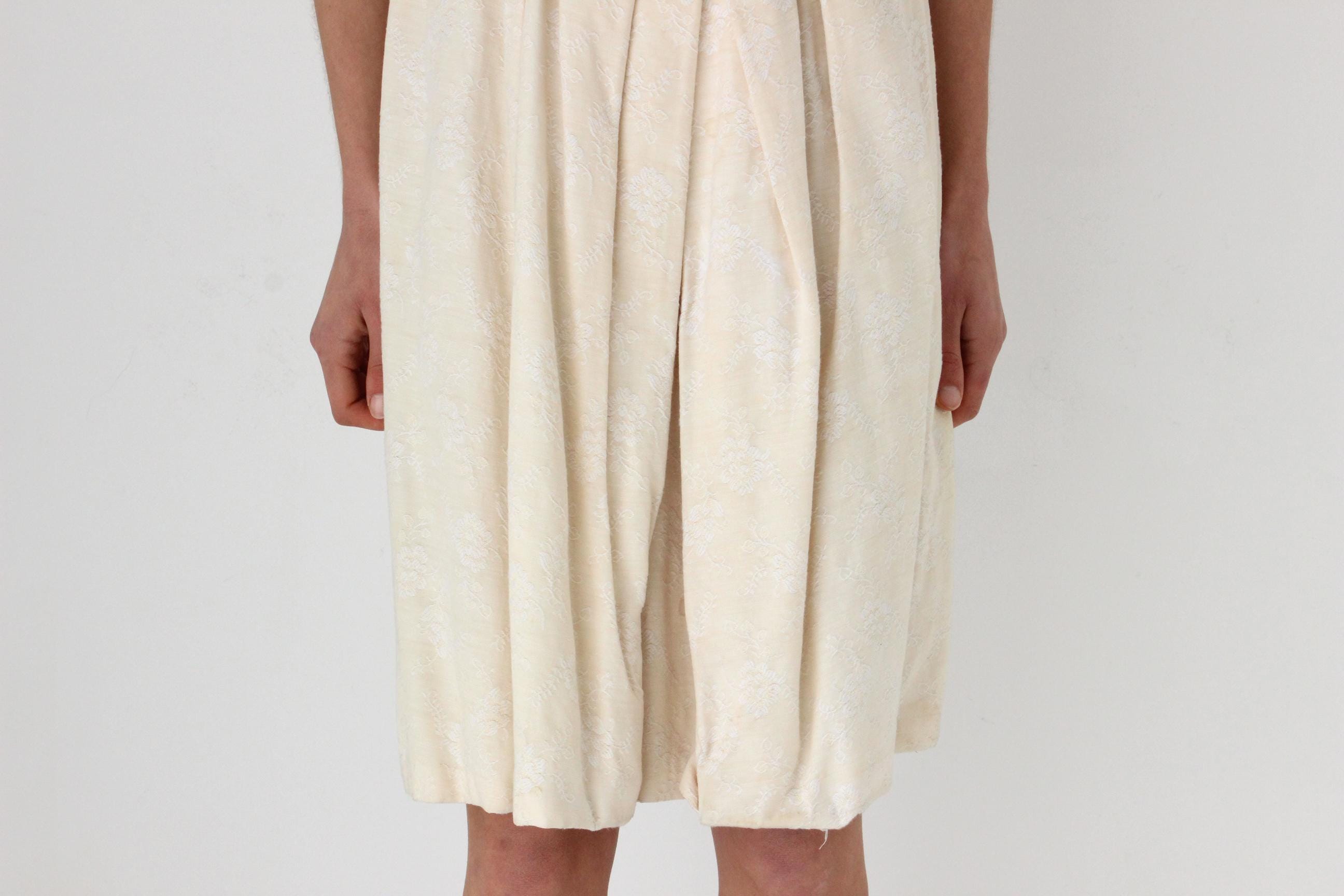 50s Buttercream Embroidered Jacquard Cotton Bubble Skirt Dress