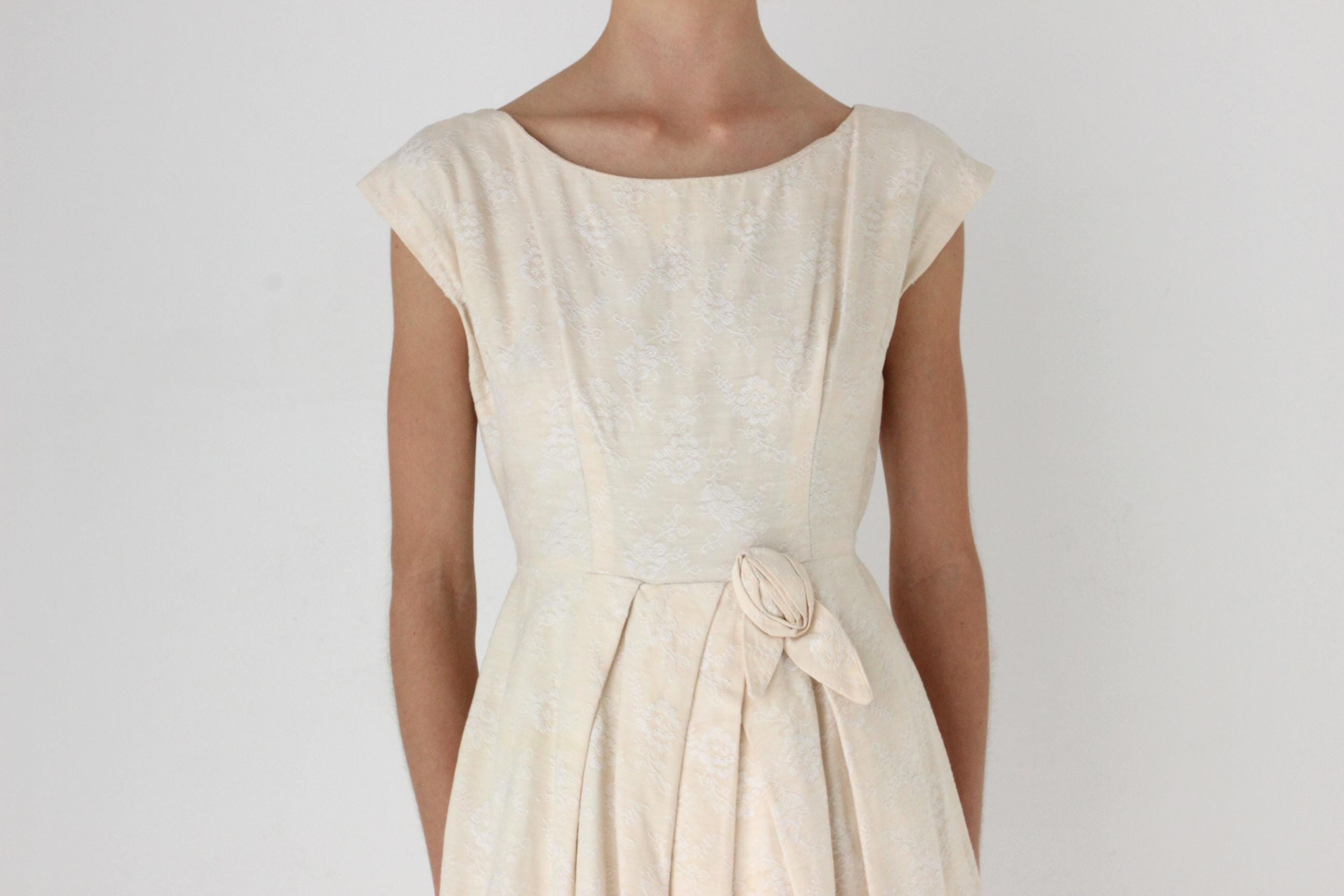 50s Buttercream Embroidered Jacquard Cotton Bubble Skirt Dress