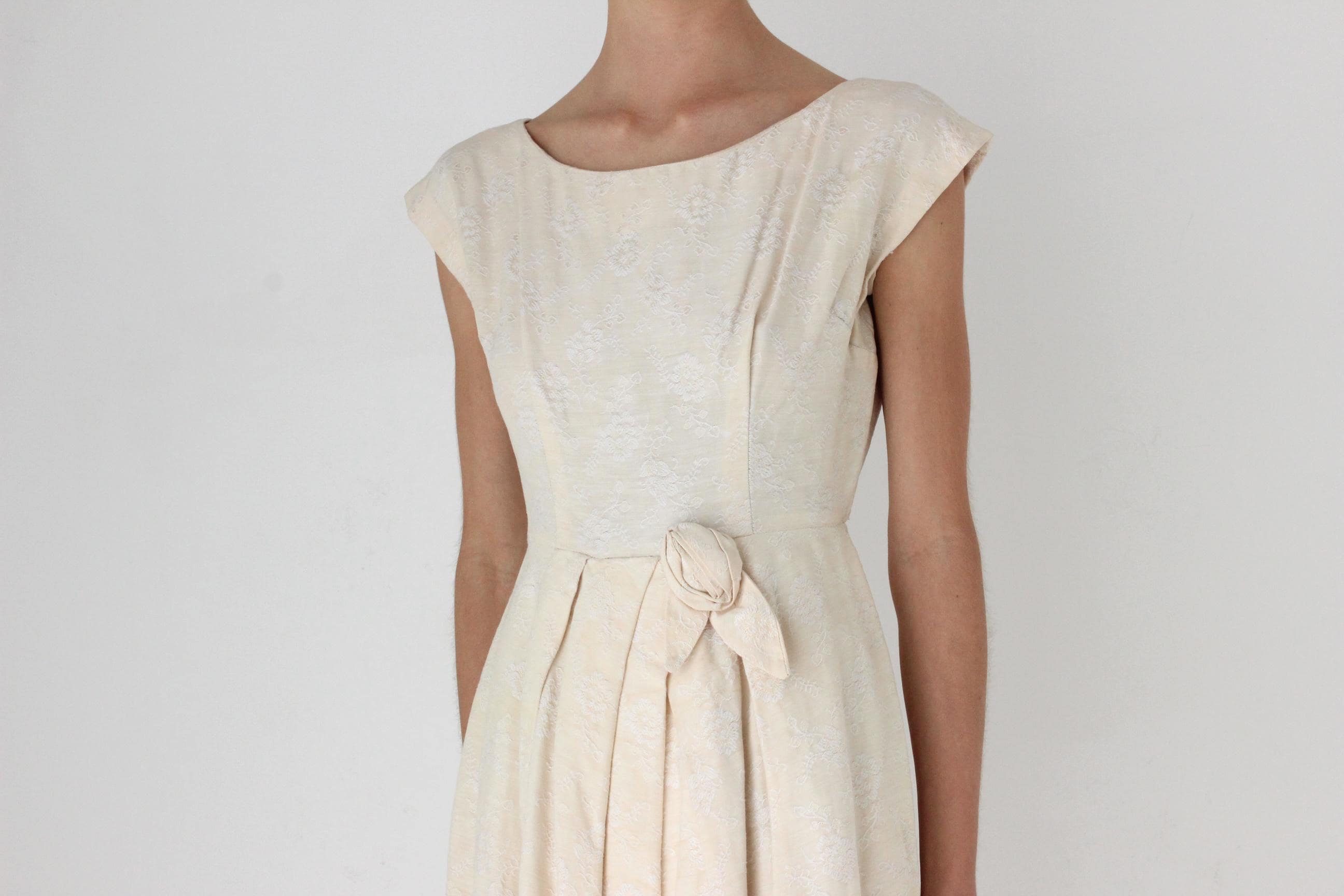 50s Buttercream Embroidered Jacquard Cotton Bubble Skirt Dress