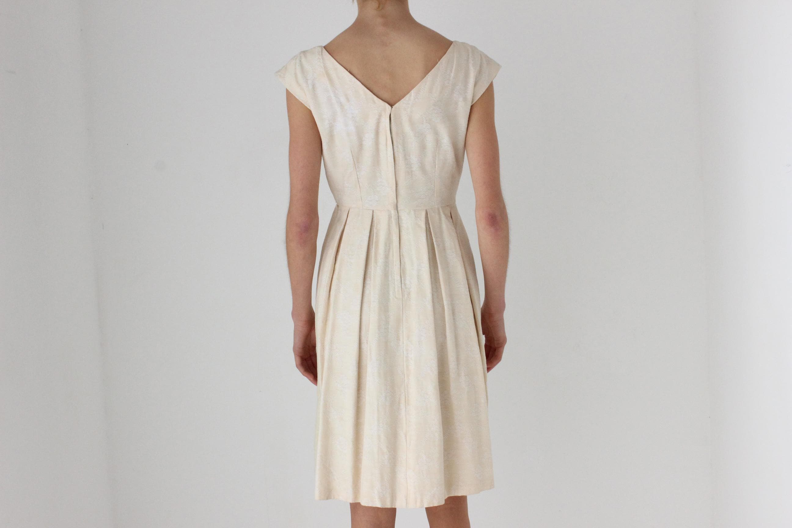 50s Buttercream Embroidered Jacquard Cotton Bubble Skirt Dress