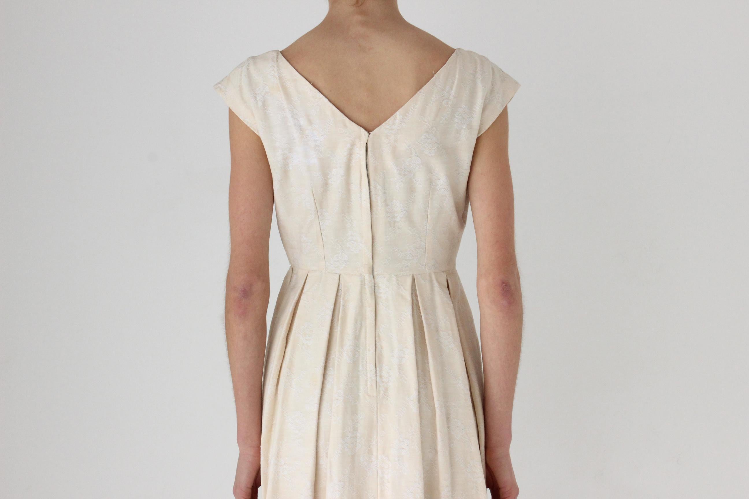 50s Buttercream Embroidered Jacquard Cotton Bubble Skirt Dress