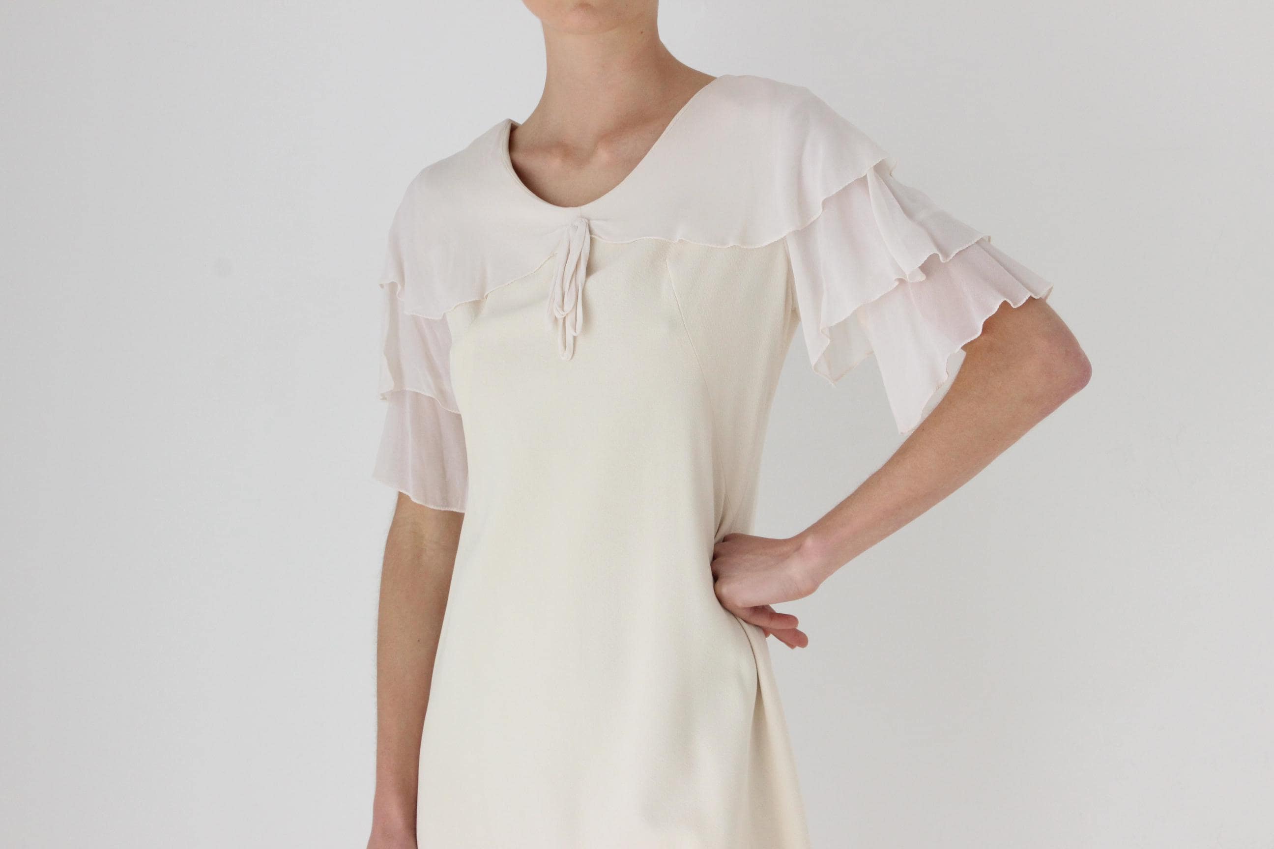 60s Cream Crepe Ruffle Sleeve Mini Wedding Dress