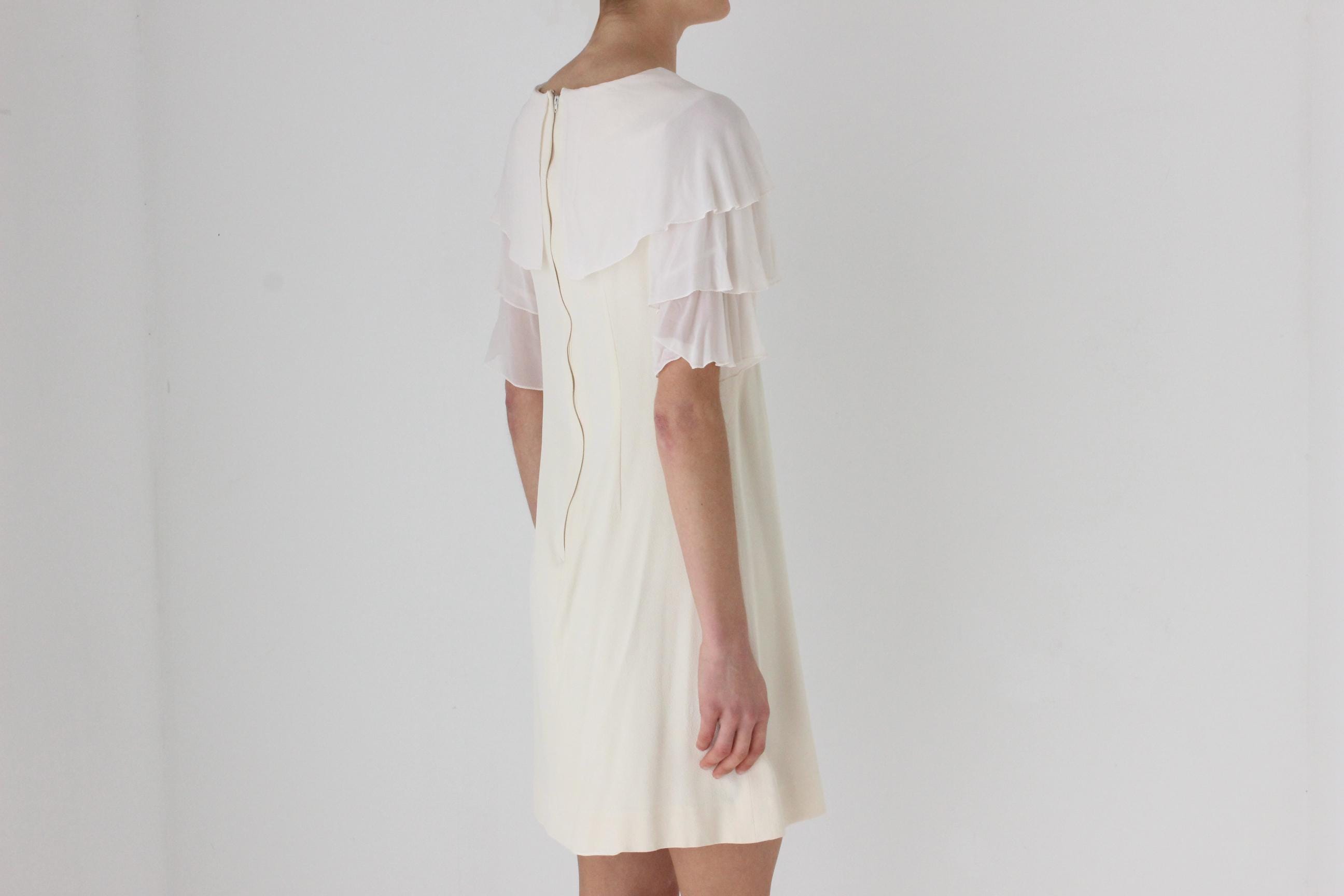 60s Cream Crepe Ruffle Sleeve Mini Wedding Dress