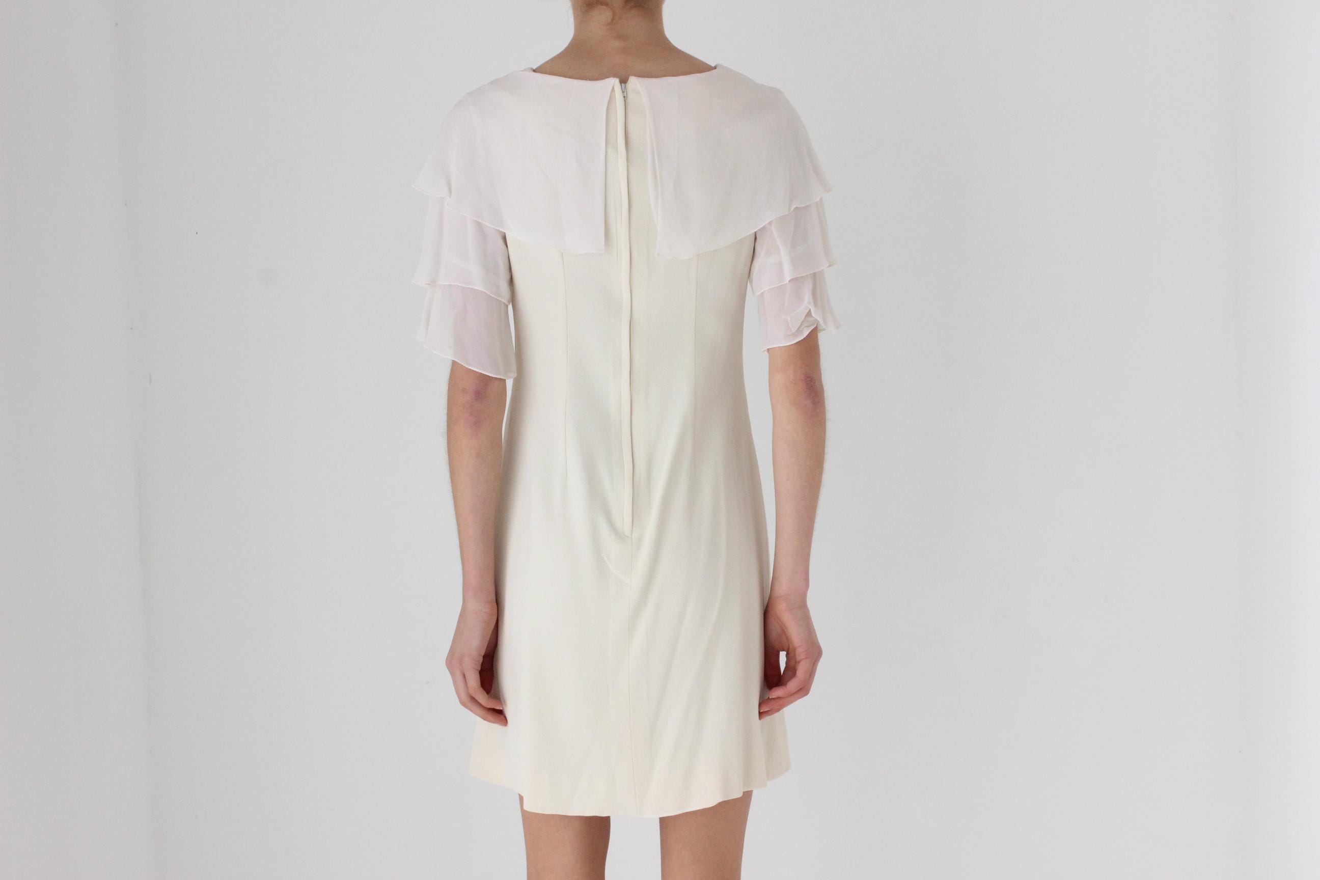 60s Cream Crepe Ruffle Sleeve Mini Wedding Dress