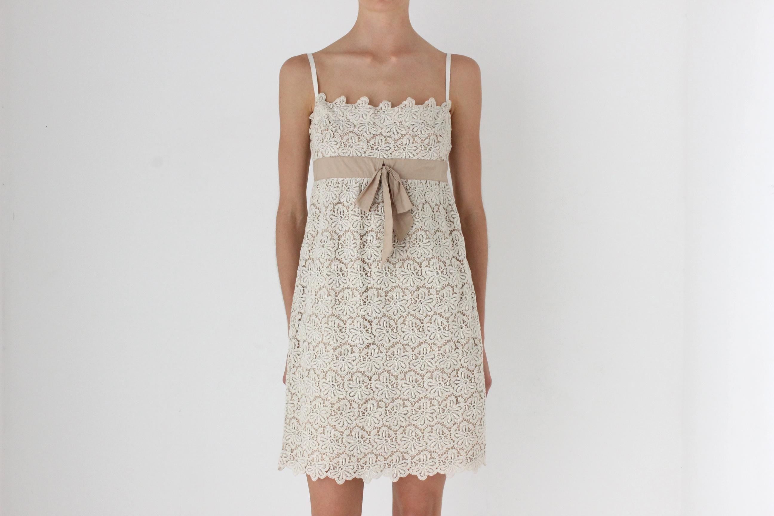 90s Valentino Neutral Cotton Lace Shift