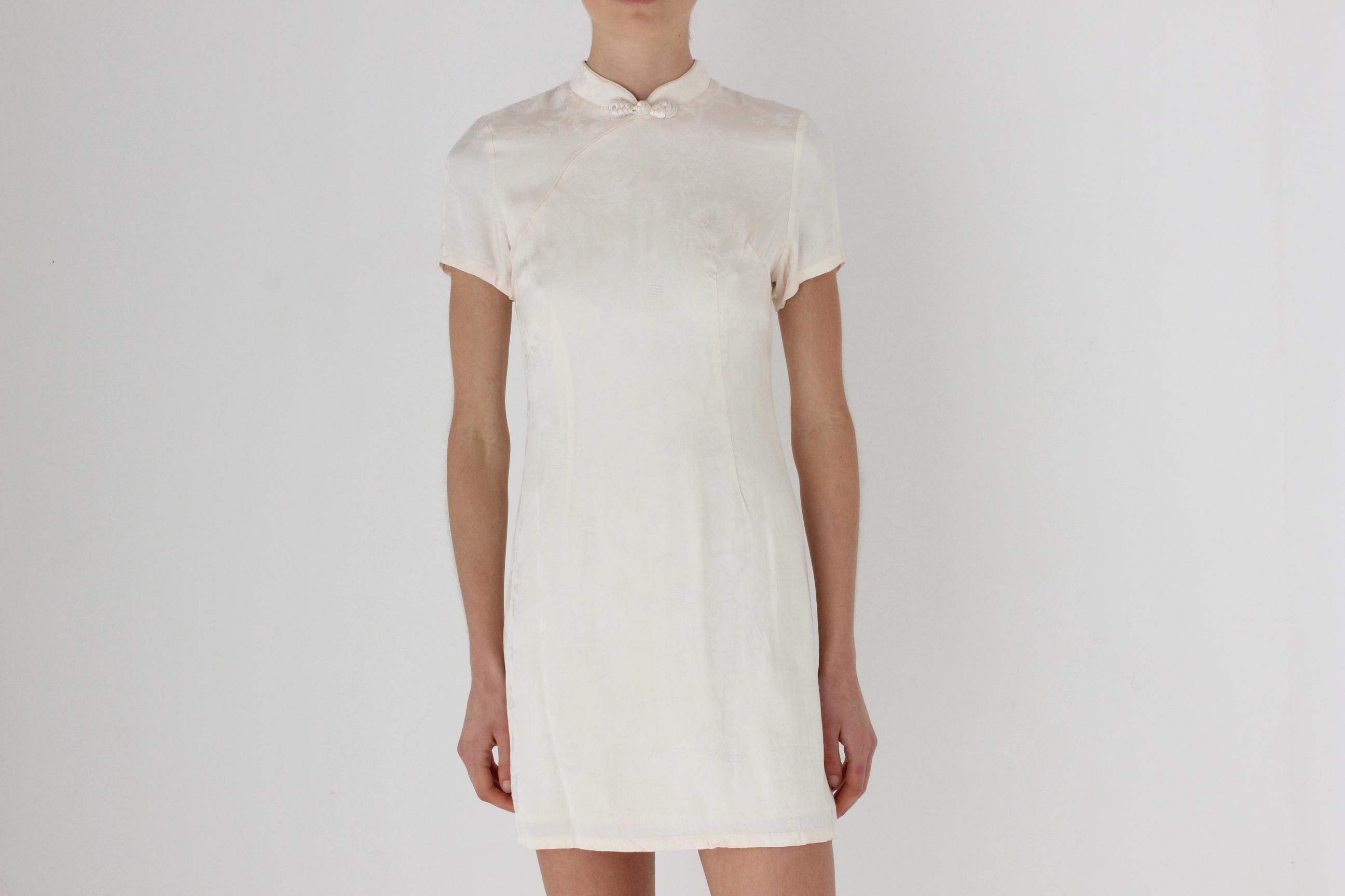 80s Mandarin Collar Embossed Satin Mini
